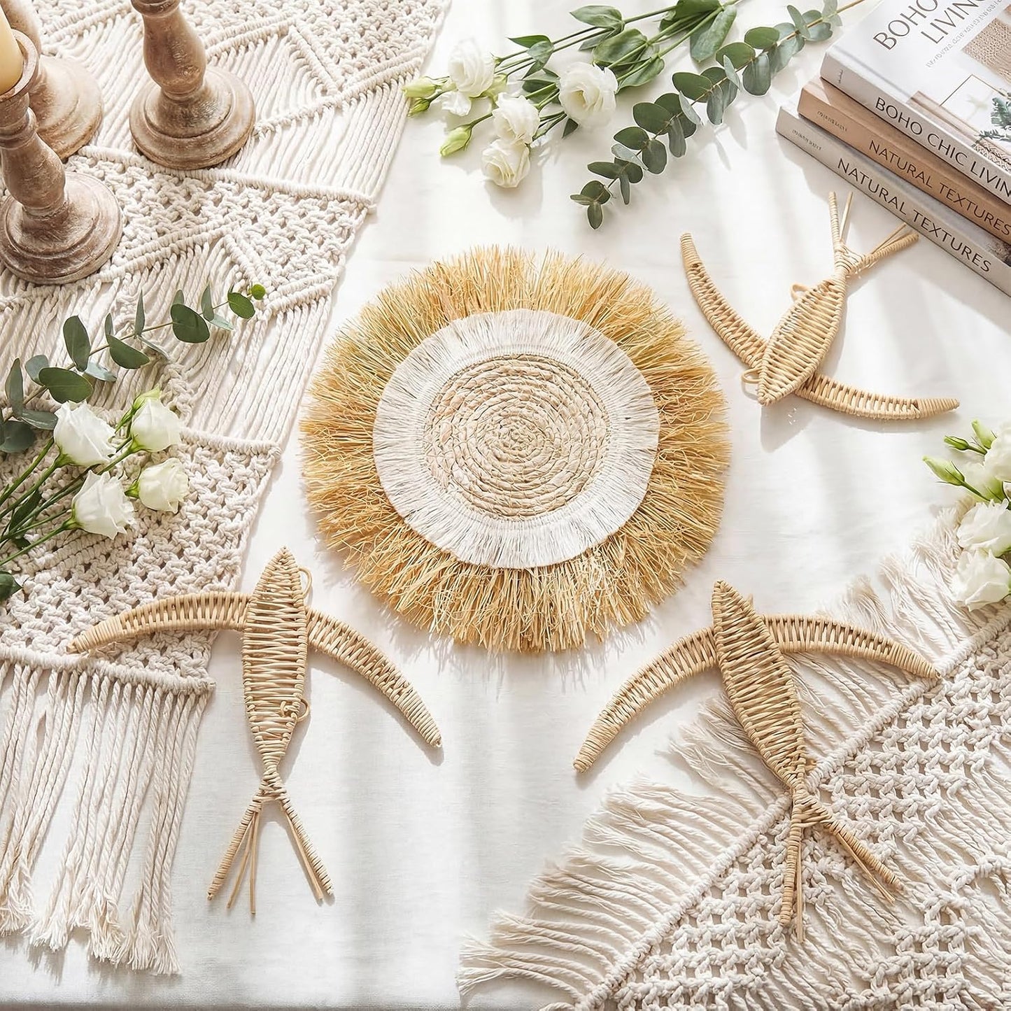 Boho Wall Basket Decor Bohemia Woven Wicker Bird and Raffia Sun Jute Decor Boho Handmade / Set of 4