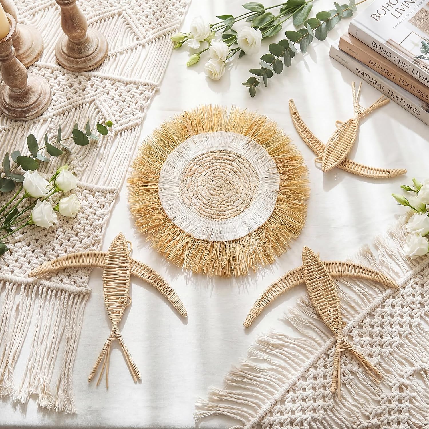 Boho Wall Basket Decor Bohemia Woven Wicker Bird and Raffia Sun Jute Decor Boho Handmade / Set of 4