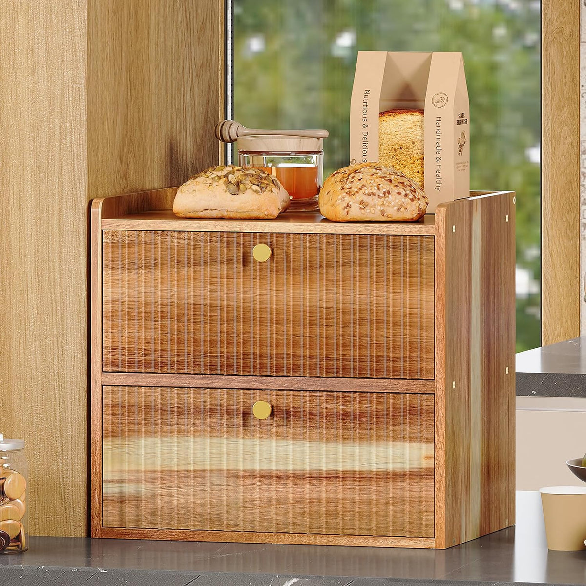 Trironsun Acacia Bread Box for Kitchen Countertop Wood Bread Storage Container Bin Double Layer BreadBox Farmhouse