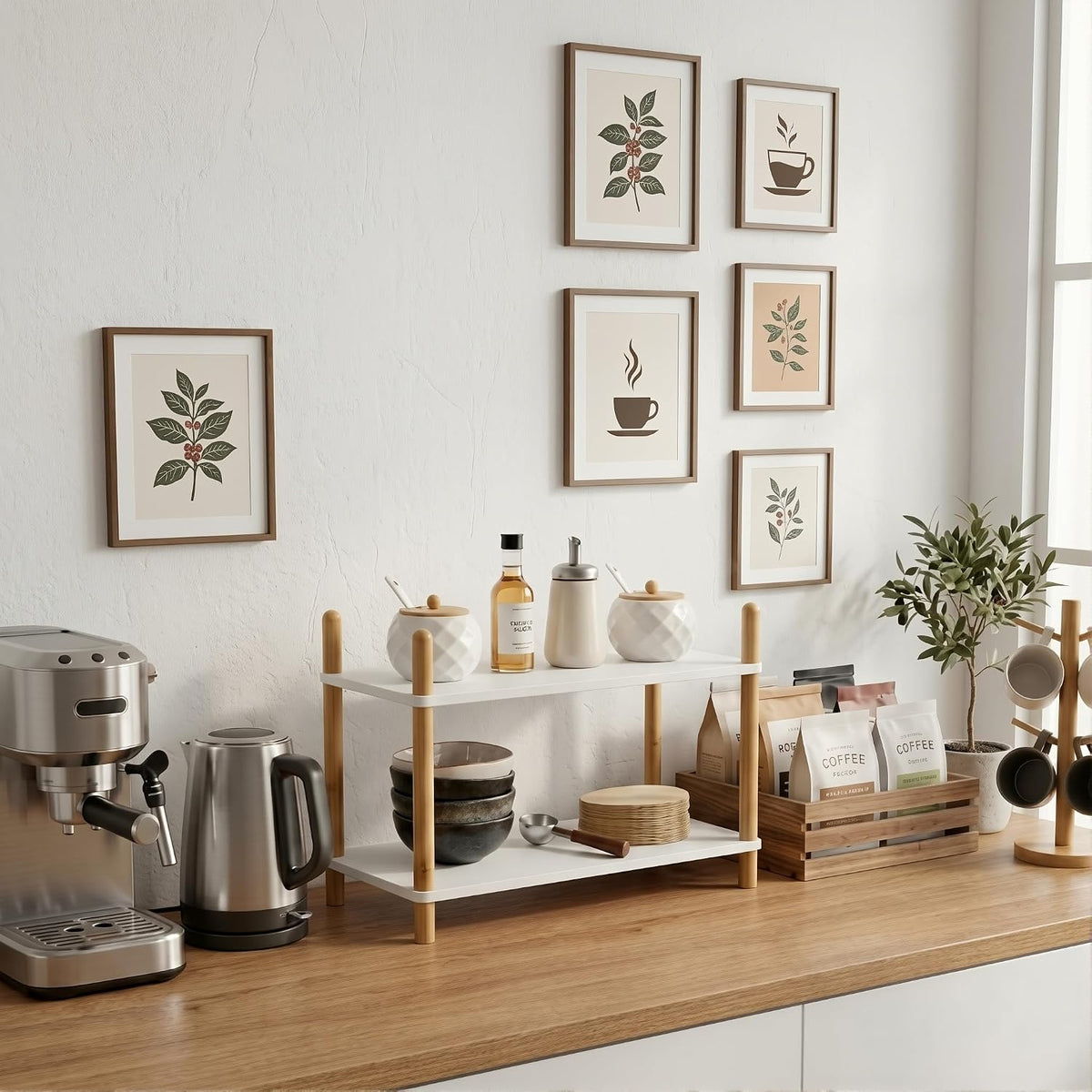 2-Tier Bamboo Coffee Bar Organizer,Coffee Bar Accessories, Mul-tifunctional Wooden Beaded Coffee Station Countertop