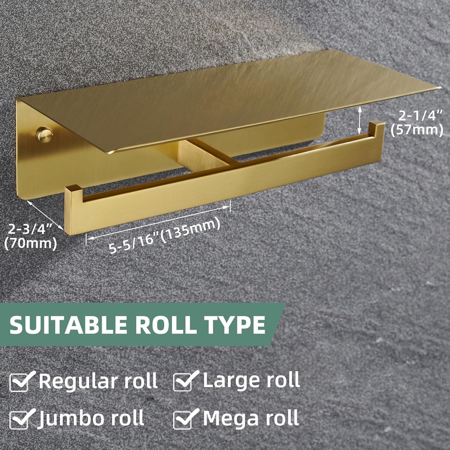 APLusee Brushed Gold Double Toilet Paper Holder with Shelf, Wall Mounted | 304 Stainless Steel, Rust-resistant Tissue
