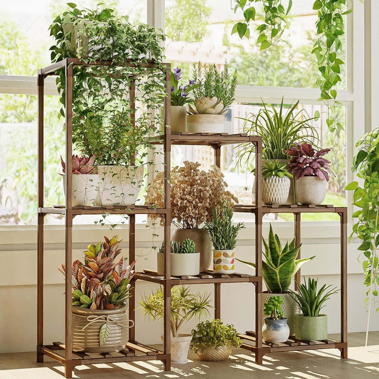 Bamworld Plant Stand Indoor Plant Shelf Outdoor Wood Plant Rack | for Multiple Plants 3 Tiers Ladder Plant Holder for