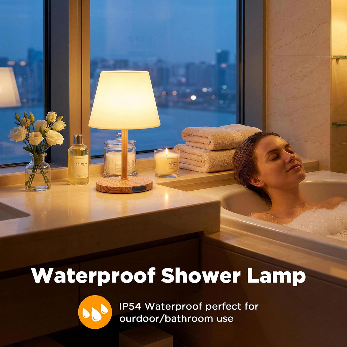 LUTEC 2 Pack Shower Lamp Waterproof, 6000mAh Rechargeable Cordless Table Lamp with 3 Color Temps and Stepless Dimming