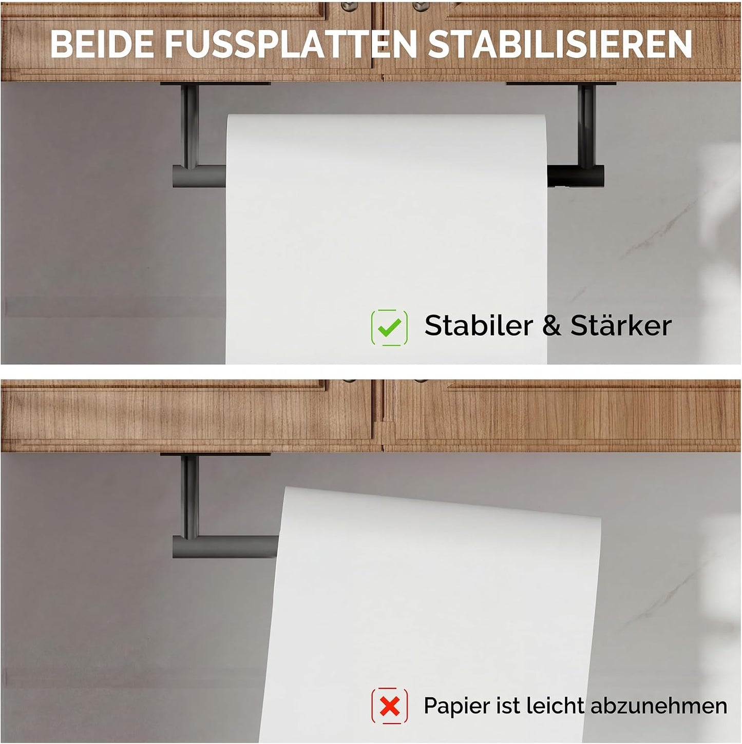 Matte Black Paper Towel Holder Under Cabinet Self Adhesive | 304 Stainless Steel Post Pivoting Design Wall Mounted & No