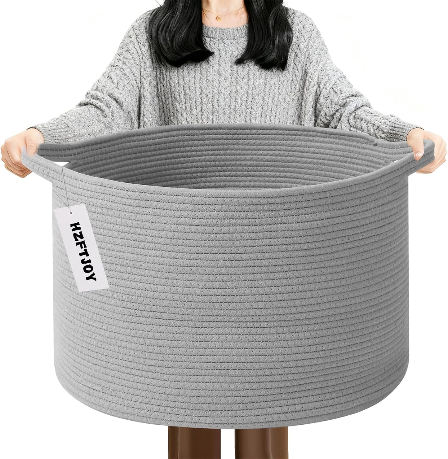 90L Extra Large Blanket Basket,Woven Rope Laundry Basket-Light Grey