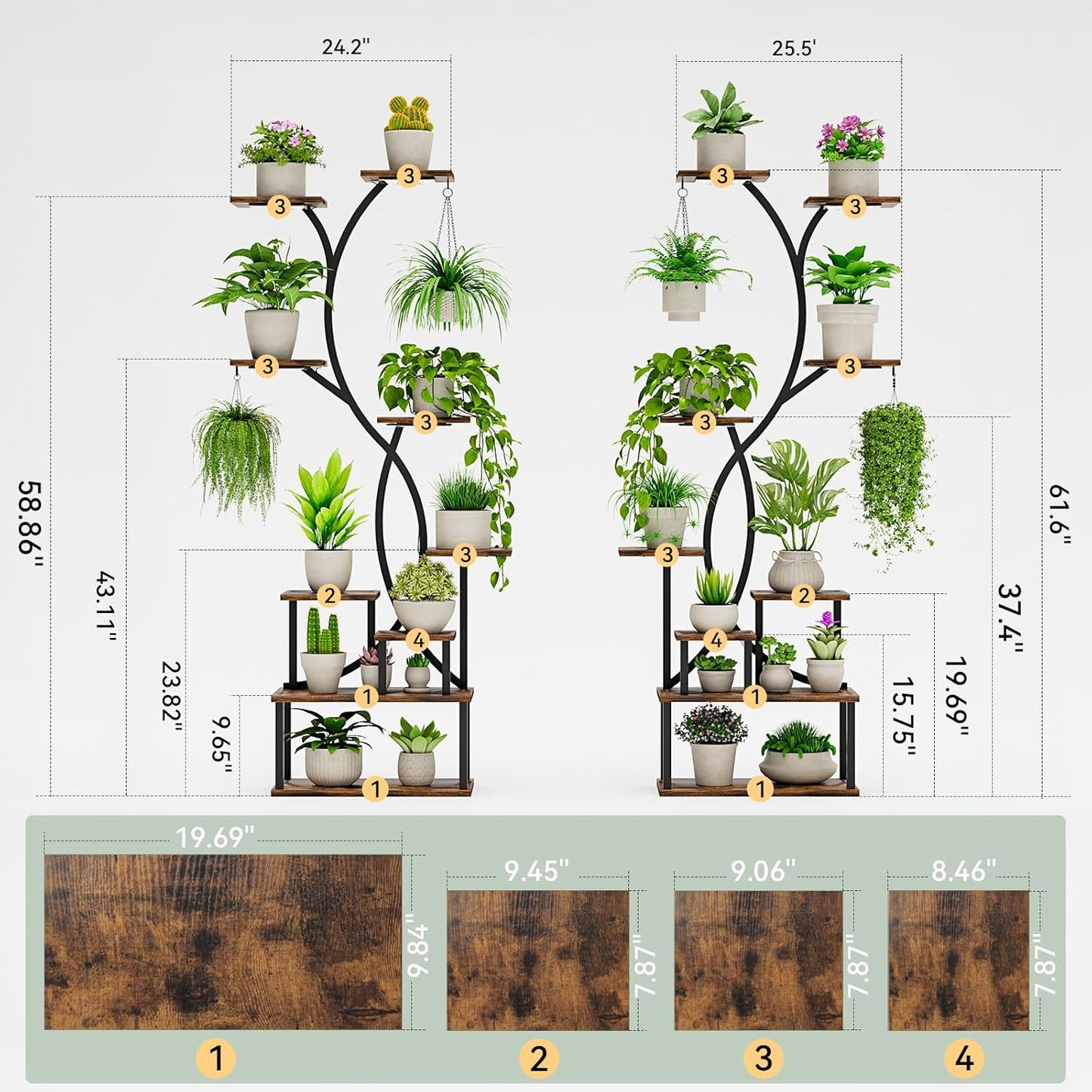 Plant Stand Indoor with Grow Lights 9 Tiered Wood Plant Shelf 62" Tall Plant Stand Metal Frame for Indoor Plants