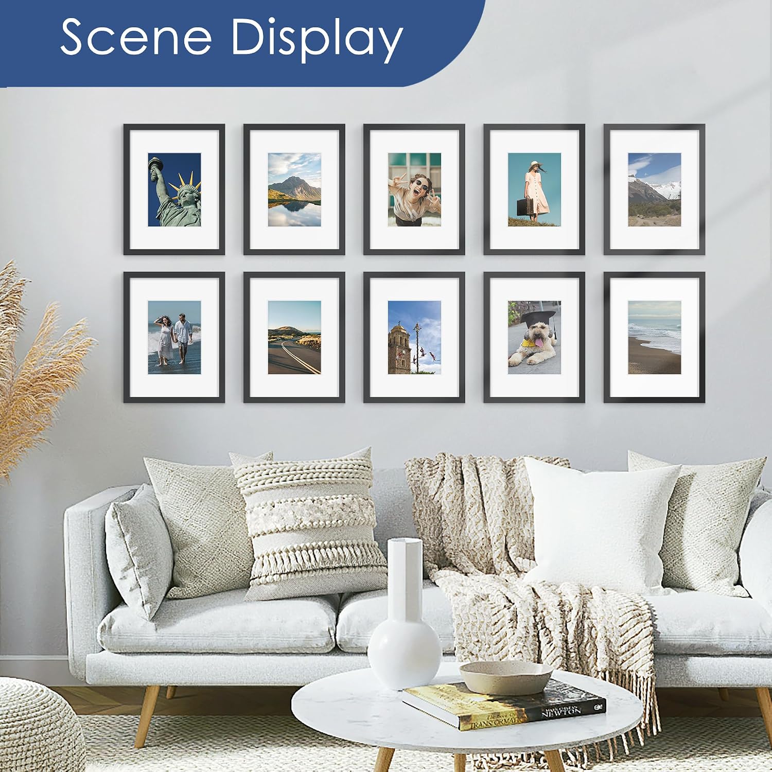 9x12 Picture Frame Set of 6, Wall or Tabletop Display, Black | Display Pictures 6x8 with Mat or 9x12 Without Mat