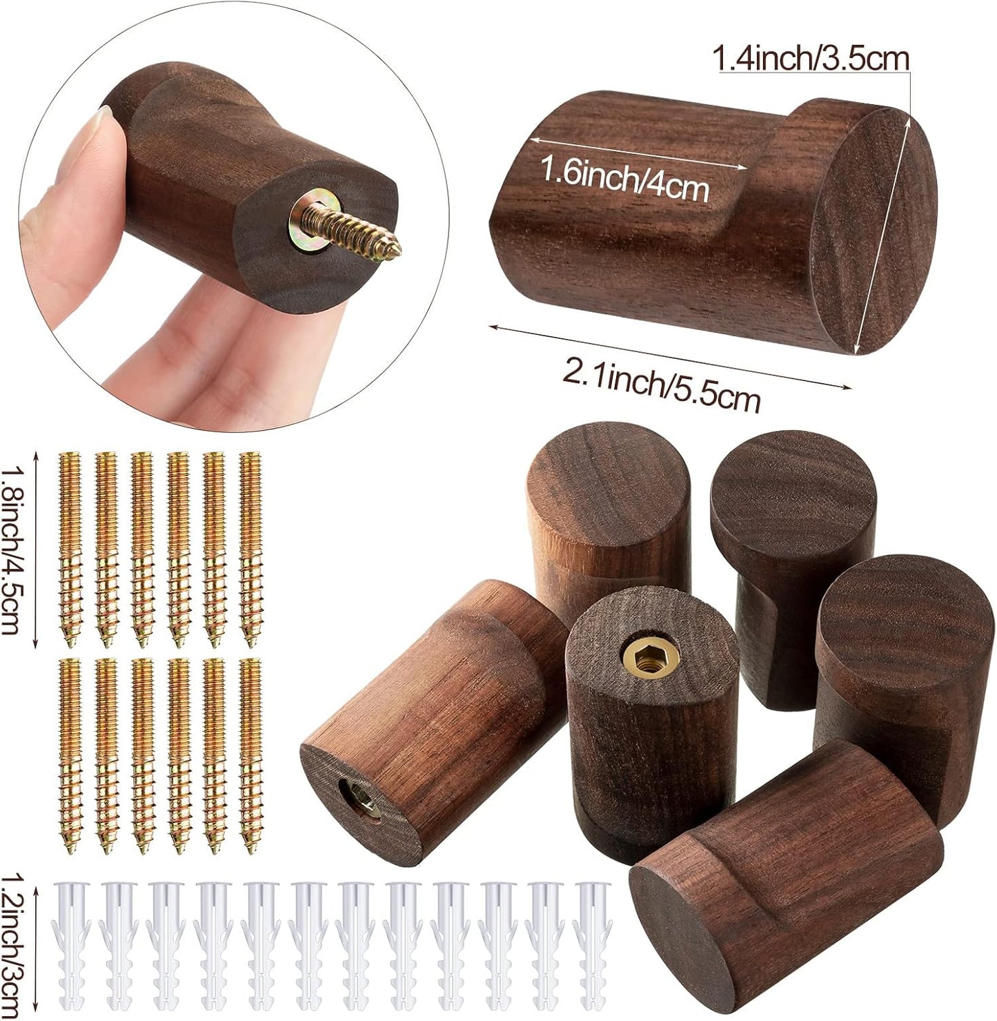 Walnut Wood Wall Hooks Wooden Coat Hooks Wall Mounted Handmade Rustic / Natural / Set of 12