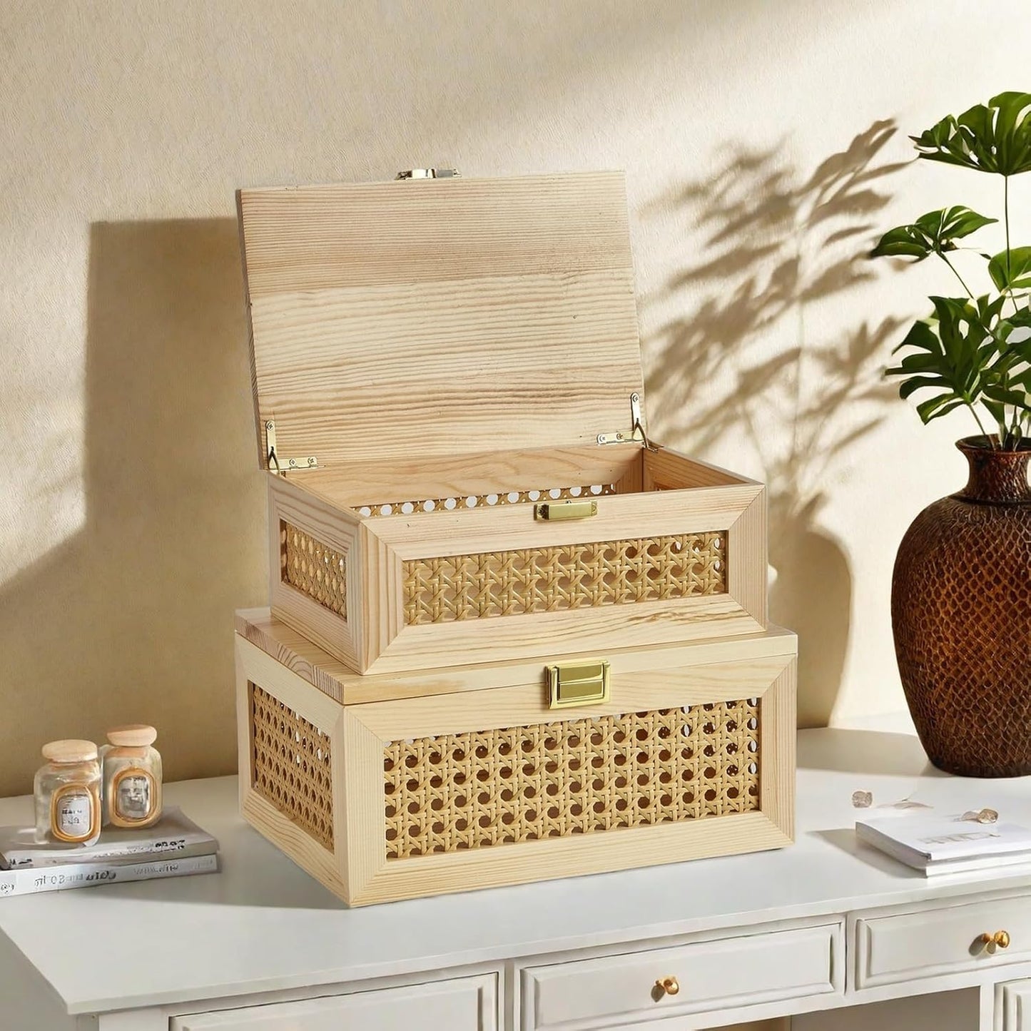 Decorative Rattan Storage Boxes Solid Wood Baskets Bins / Light Wood / Natural / Set of 2