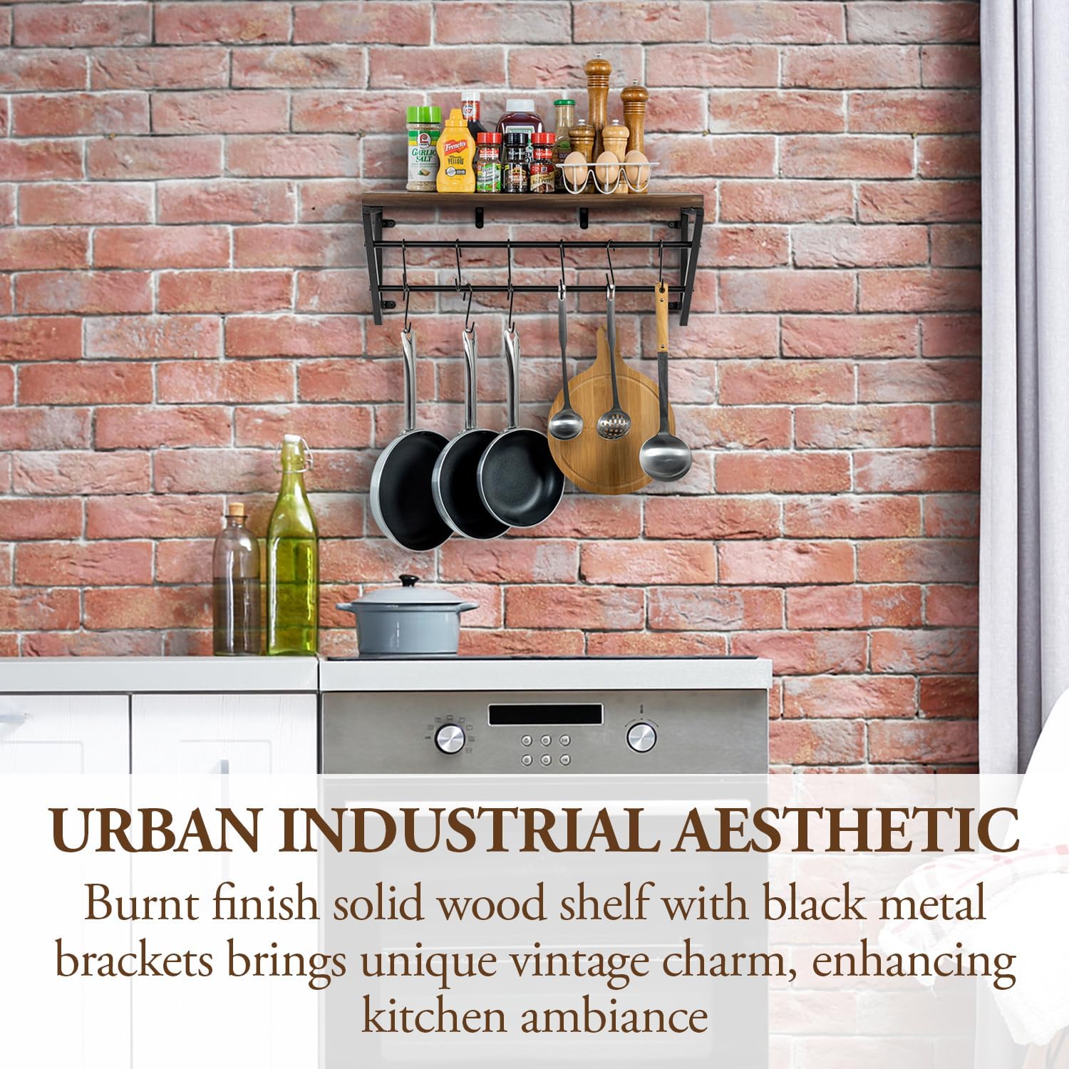 MyGift Urban Industrial Burnt Solid Wood Kitchen Floating Shelf with Black Metal Brackets for Pots and Pans with 12