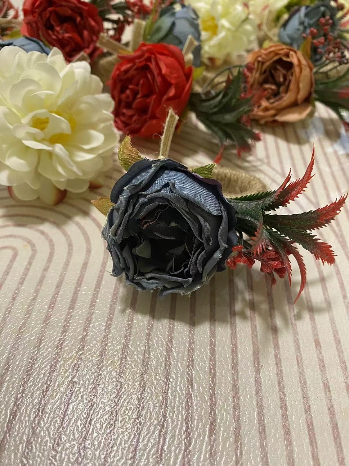 Floral Napkin Rings Set of 6,Rustic Rose Napkin Rings Flower Dinner Napkin Holder for Table Decoration (26#Blue)