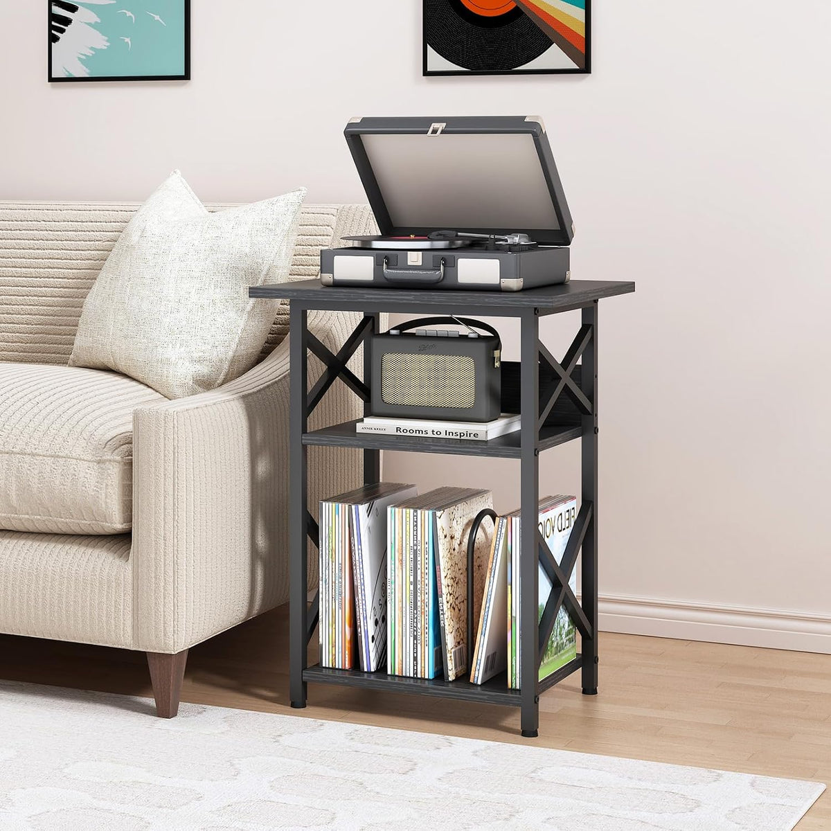 Record Player Stand with Large Desktop, Record Player Table with Vinyl Storage, 3 Tier End Table with Dividers