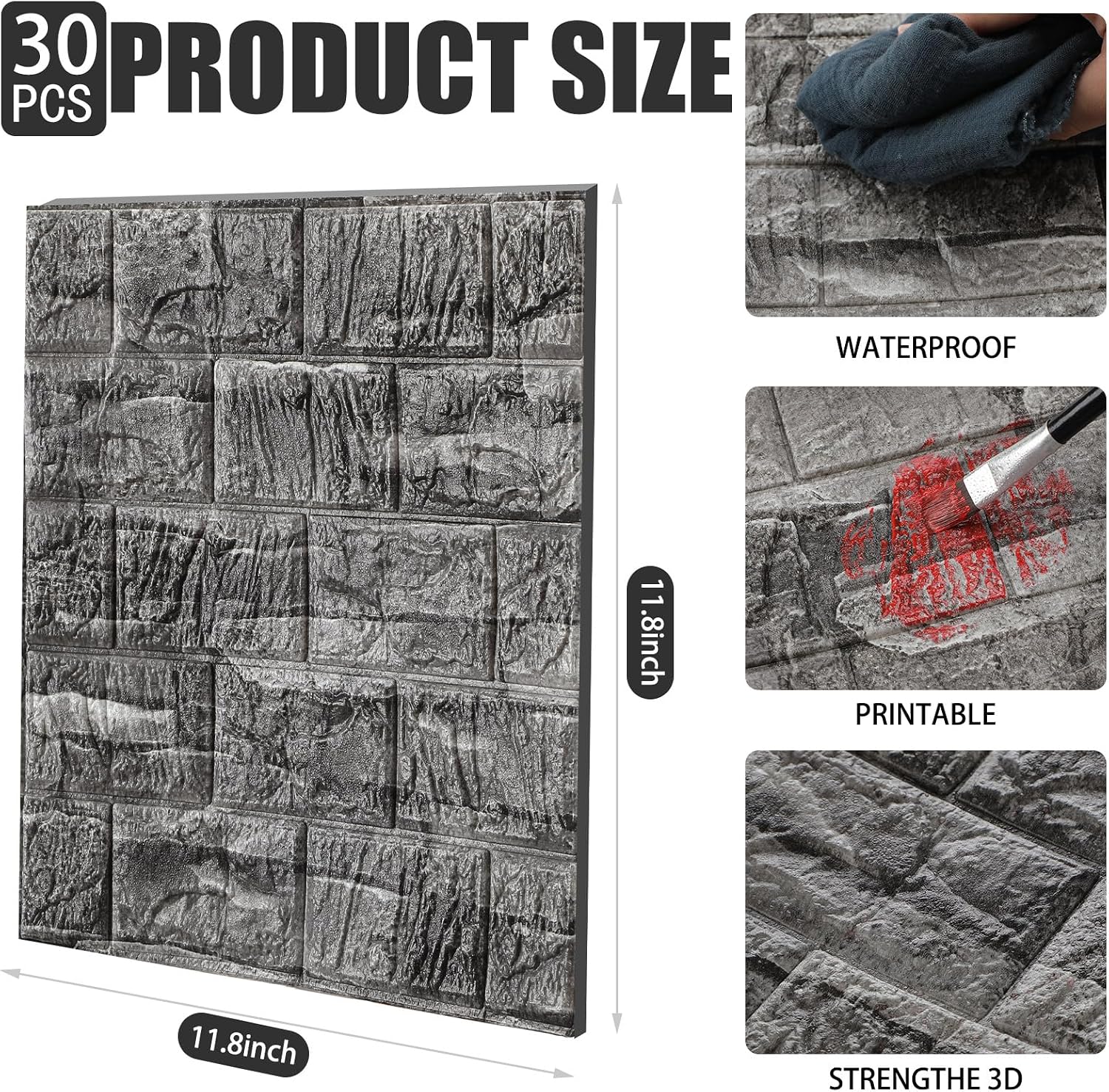30 Pcs 3D Wall Panels Peel and Stick Wallpaper Foam, Grey Stone | Faux Brick Stone Tiles, Covering 28.8-48.4 Sq ft