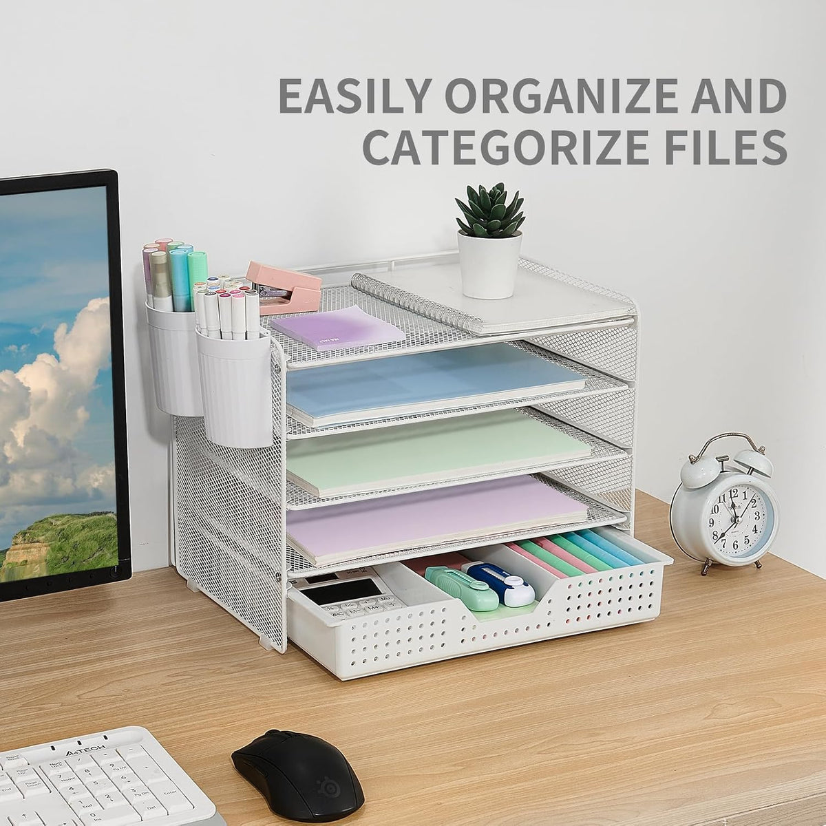 LEKETREE Desk Organizer and Accessories, 5-Tier Paper Letter Tray Organizer with Drawer & 2 Pen Holders for Desktop