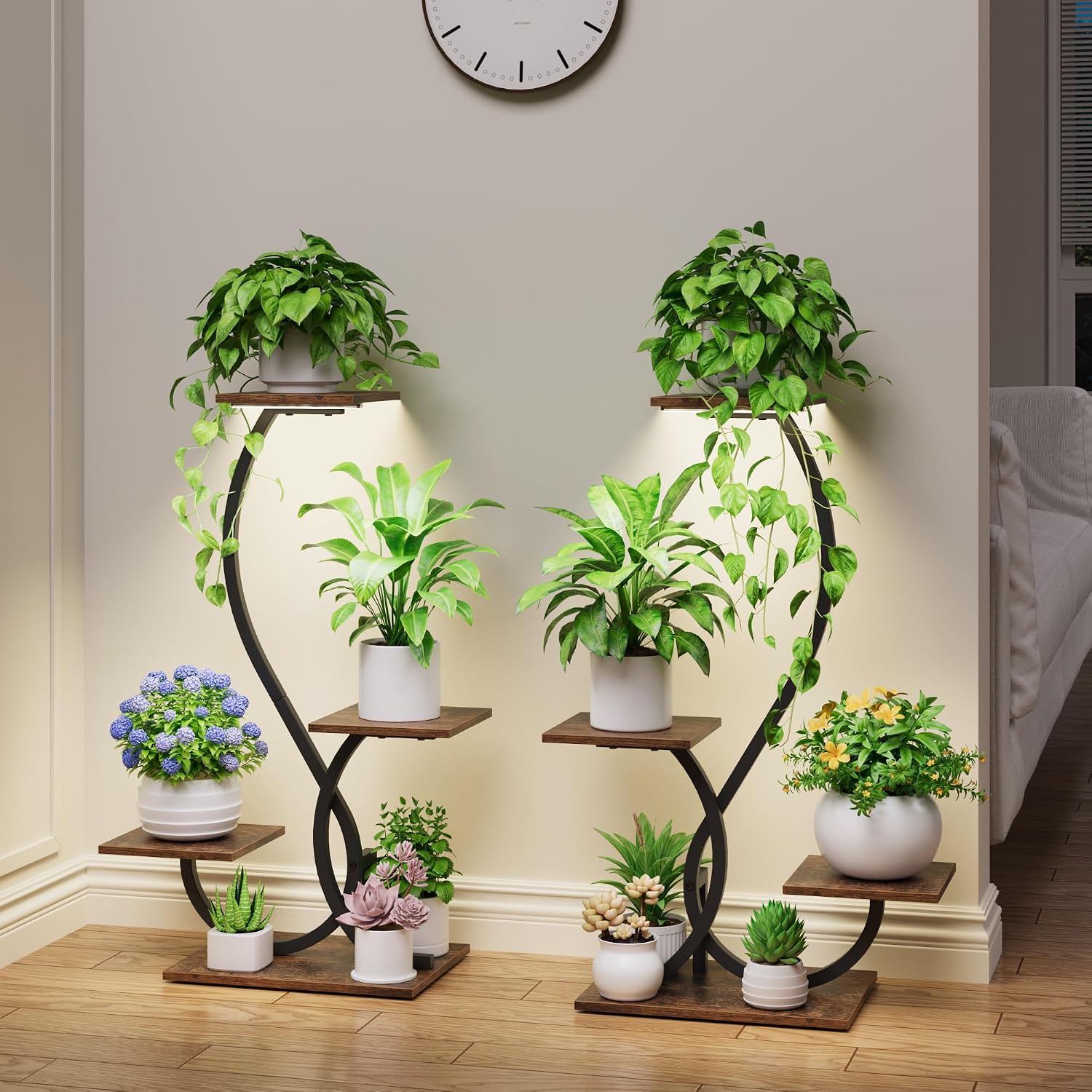 BACEKOLL Plant Stand Indoor with Grow Lights - 2 Pack Plant Shelf, Lighted Corner Plant Stands for Indoor Growing, 4