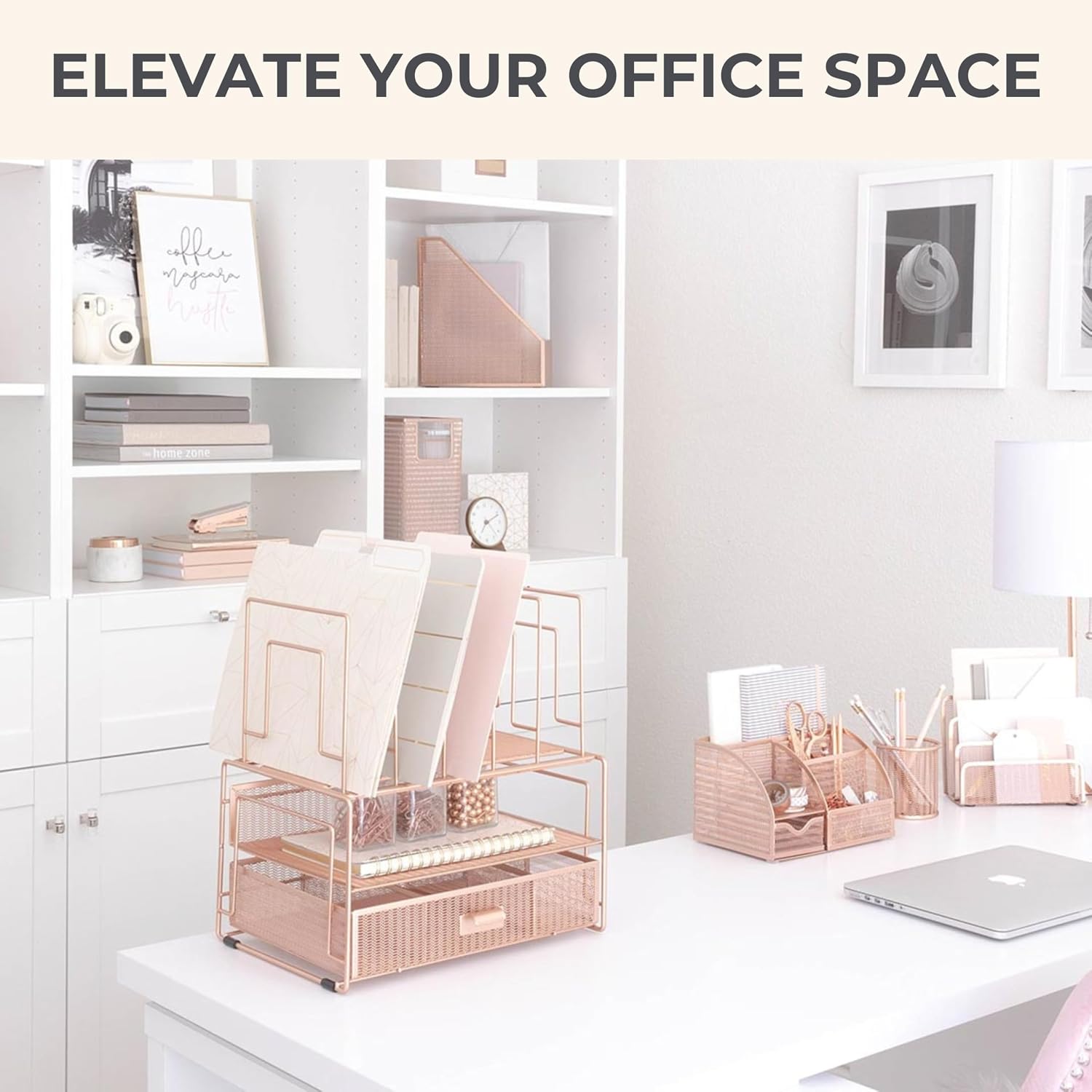 BLU MONACO | Rose Gold Desk Organizer with Drawer | Metal Desk Organizer with File Sorters and Storage Compartments
