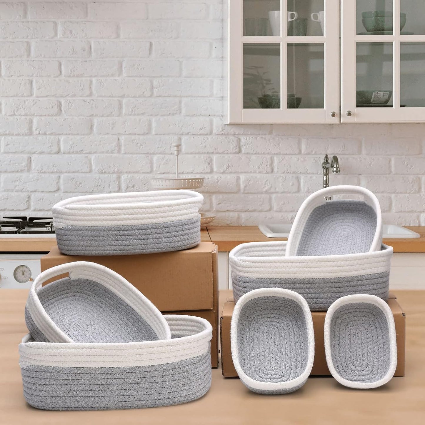 7 Piece Cotton Rope Woven Basket Set / OFF WHITE & GRAY