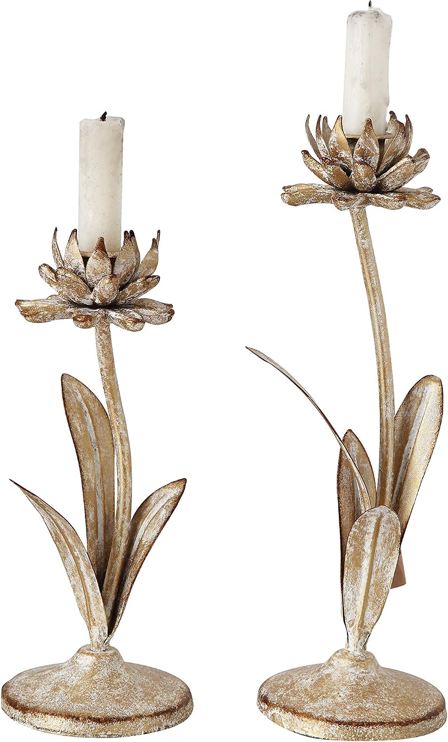 Creative Co-Op Cut Metal Flower Shaped Taper Candle Holder in Distressed Gold Finish (Set of 2 Sizes)