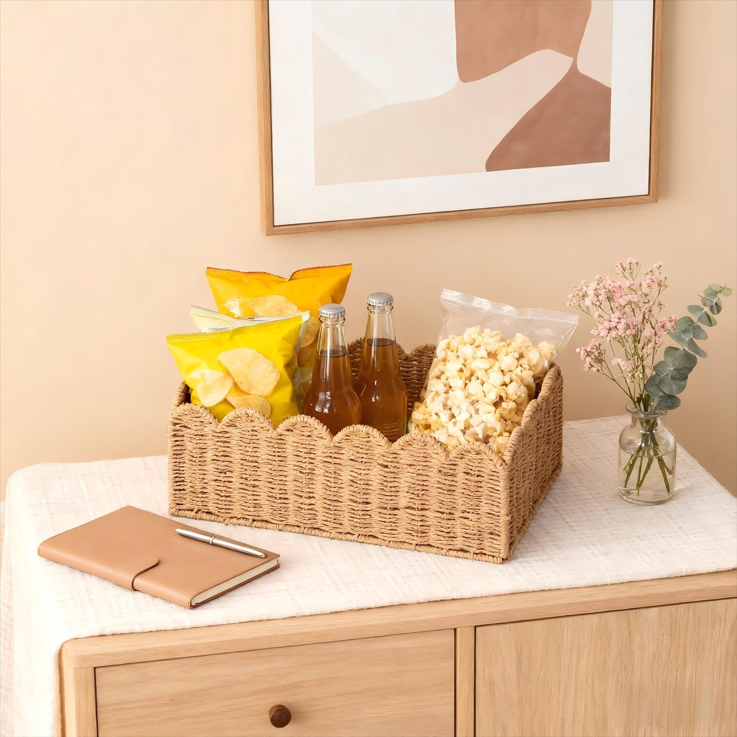 Scalloped Basket / Hand Woven Baskets / Light Brown / M