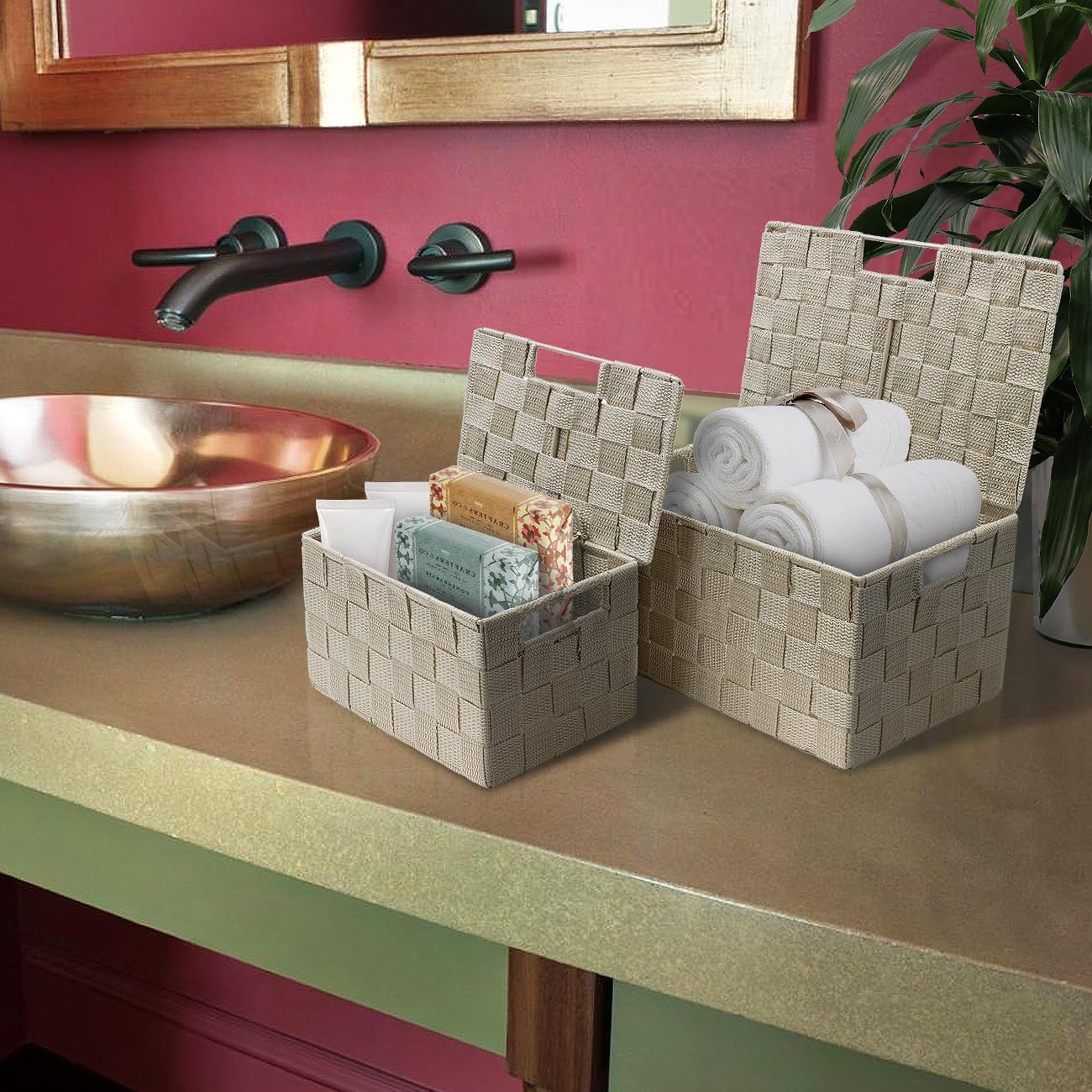 Mesh Hand-Woven Baskets for Closet / Lid Bins / Beige / Set of 3