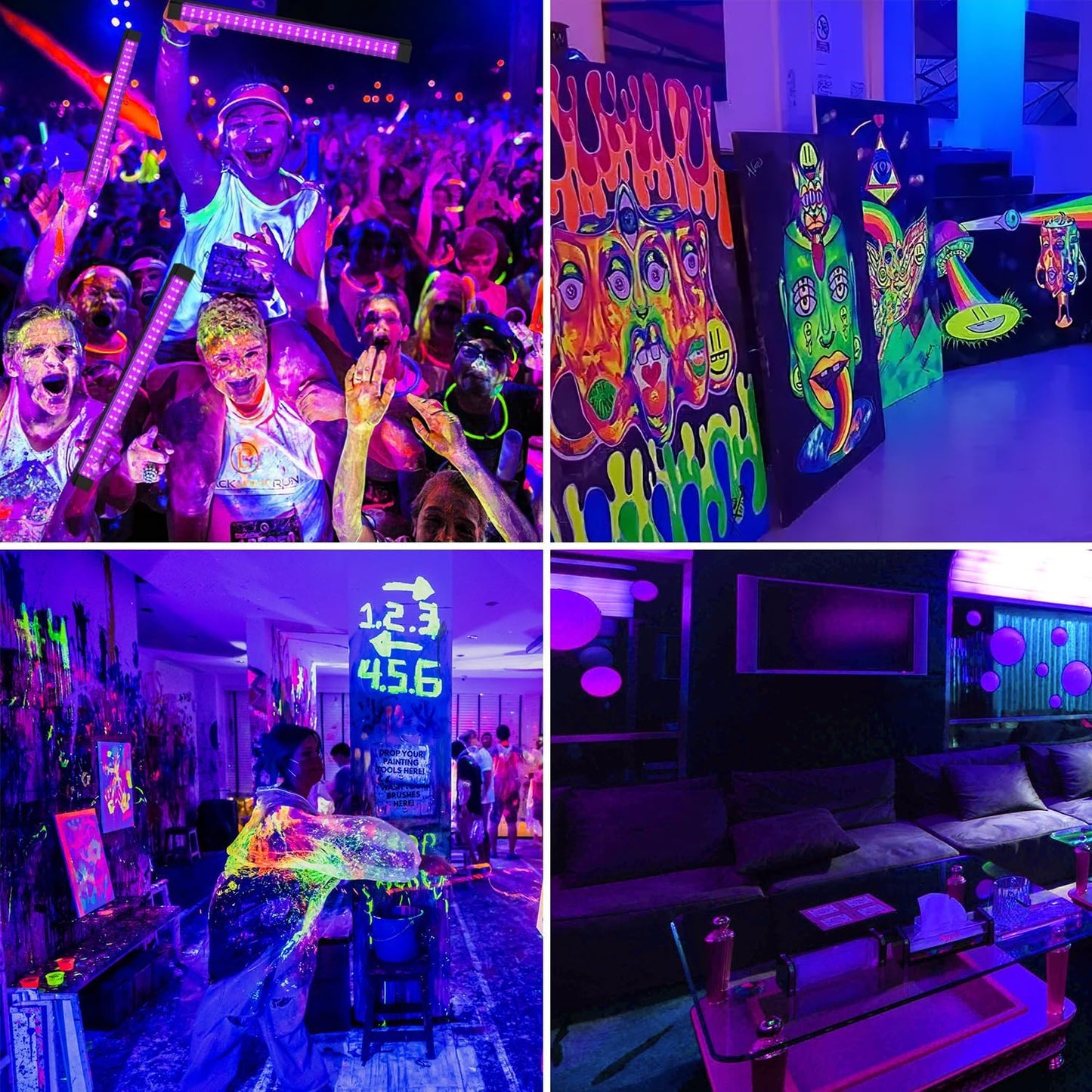 Rechargeable Black Light Bar 4 Packs, Battery Powered Black Lights for Glow Party, Cordless UV Strip Lights with