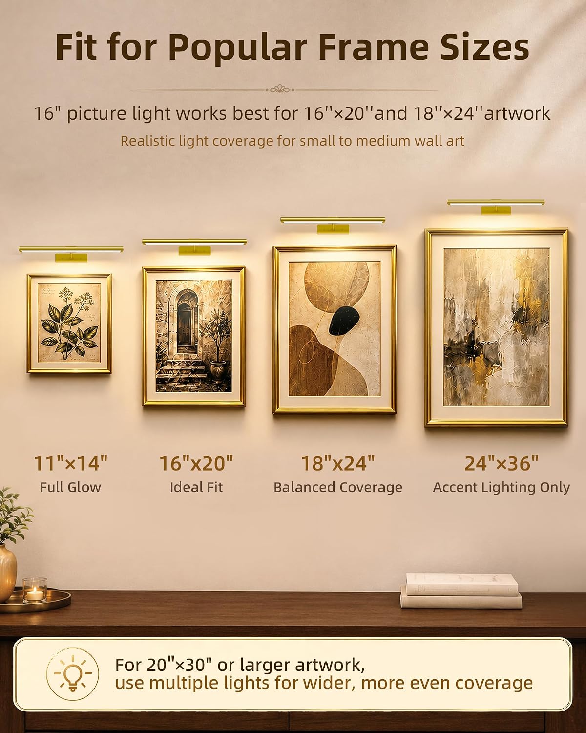 EZVALO Picture Light for Wall, 4800mAh Rechargeable Wireless Gold Light with IR Remote, Dimmable Magnetic LED Art