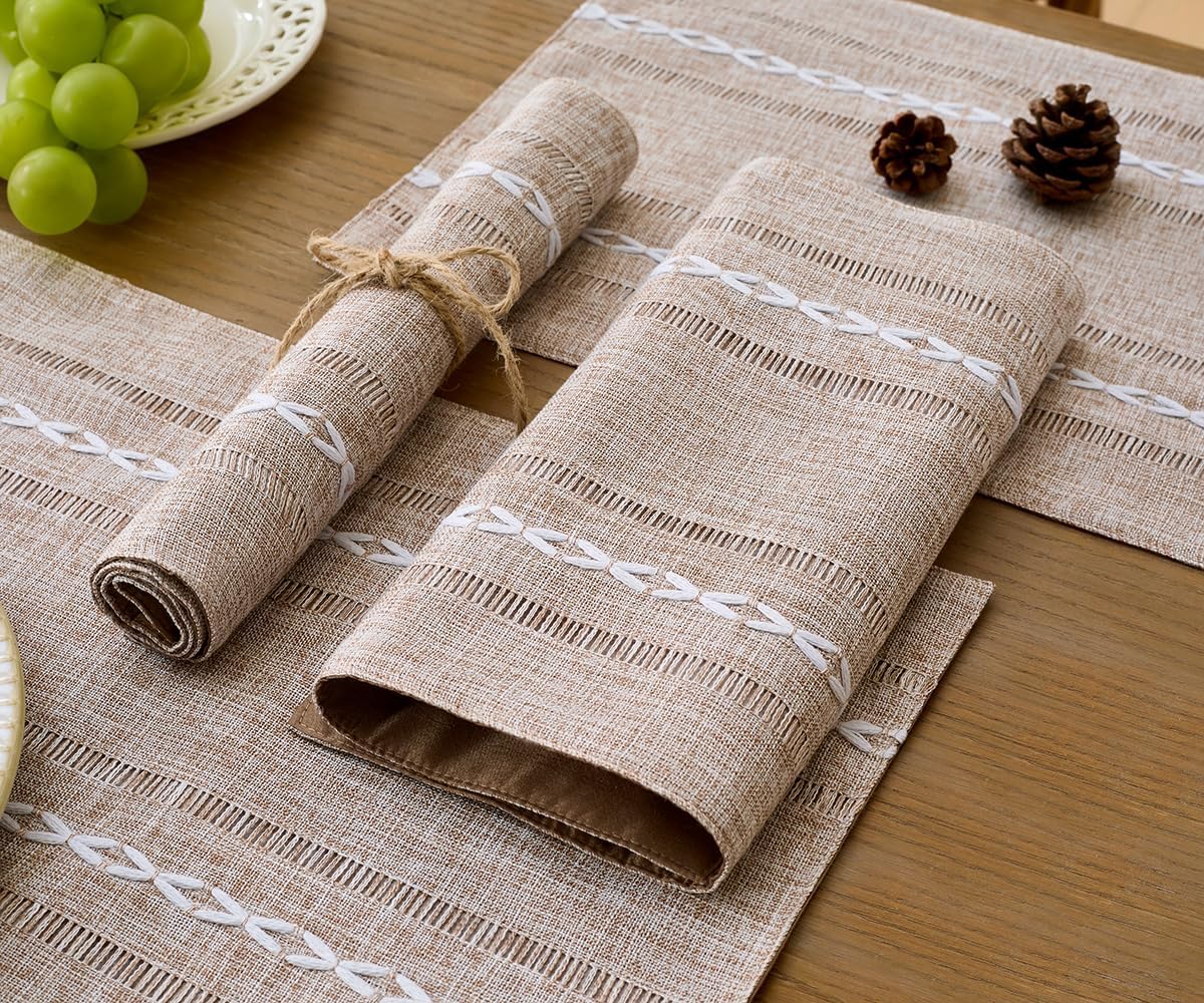 Wracra Cotton Linen Place Mats, Brown Embroidered Placemats Set of 8 | Placemats 12 x 18 Inch; Cotton Linen Woven