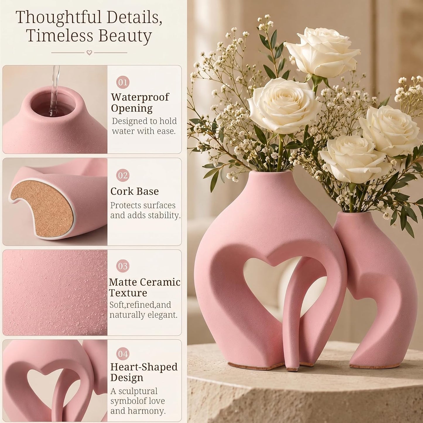 Ceramic Flower Vases Home Decor Heart Shaped Vase Nordic Heart Shaped Vases / Pink / Set of 2