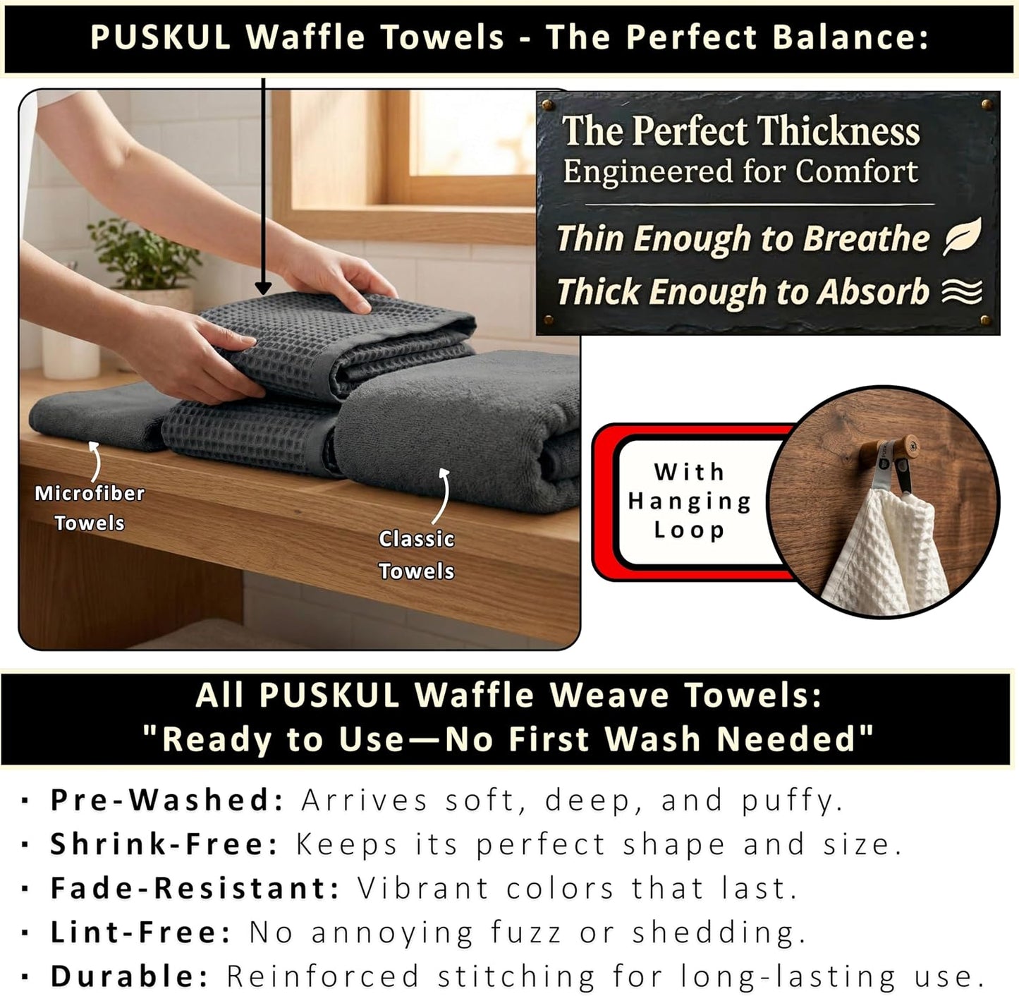 PÜSKÜL Natural 100% Turkish Cotton Waffle Bath Towels Set of 2, Extra-Large | Dark Gray, Oversize 32x63" Bath sheet