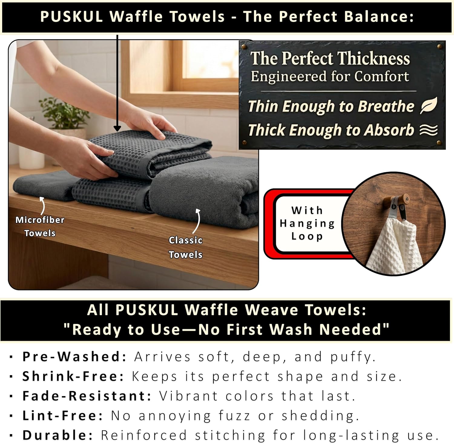 PÜSKÜL Natural 100% Turkish Cotton Waffle Bath Towels Set of 2, Extra-Large | Dark Gray, Oversize 32x63" Bath sheet