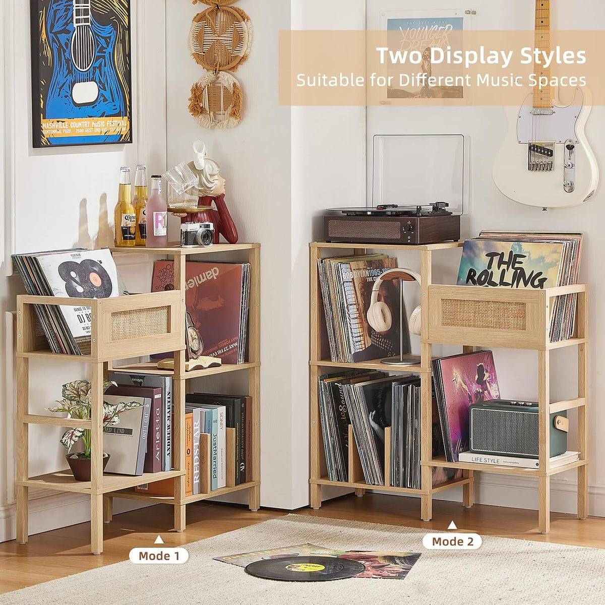 Record Player Stand, Natural Oak Wood Record Holder with Vinyl Storage Holds up to 300+ Albums, 3-Tier Rattan Media