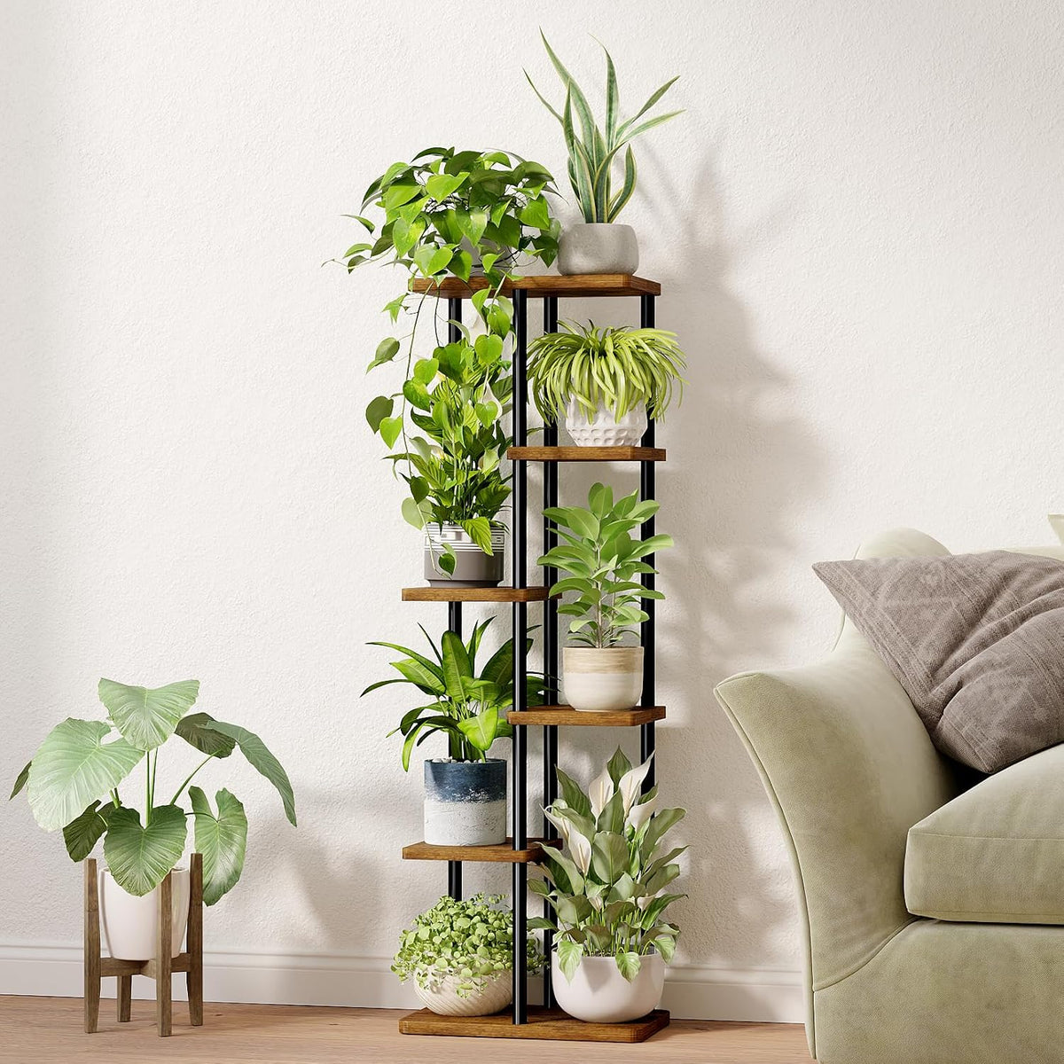 Bamworld Plant Stand 6 Tier Tall Shelf for Multiple Plants Brown | Tiered indoor shelf adds vertical display space to