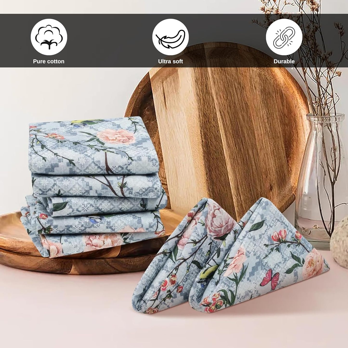 Bedding Craft Cotton Cloth Dinner Napkins Set of 12 – 18x18 Birds Print Design with 1" Fold – Reusable Machine Washable