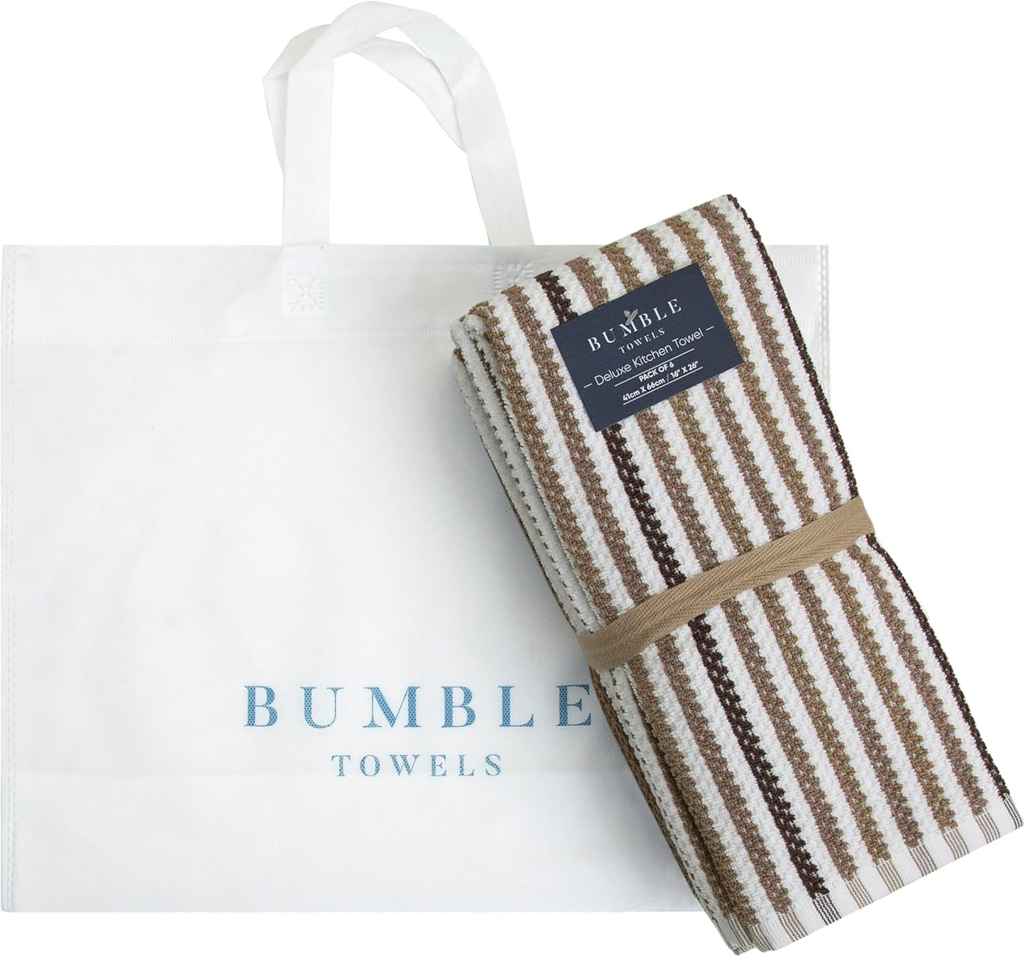Bumble Kitchen Towels 6 Pack 100% Cotton 16"x26" - Tan Wide Stripe | 430 GSM Soft Kitchen Hand Towels with Hanging