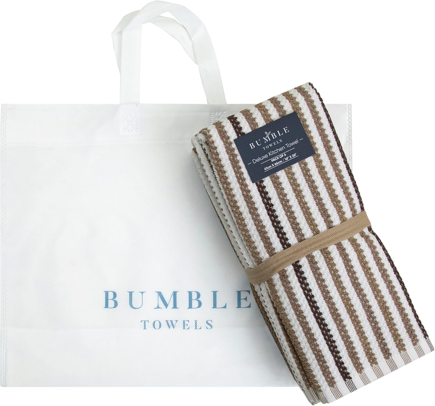 Bumble Kitchen Towels 6 Pack 100% Cotton 16"x26" - Tan Wide Stripe | 430 GSM Soft Kitchen Hand Towels with Hanging