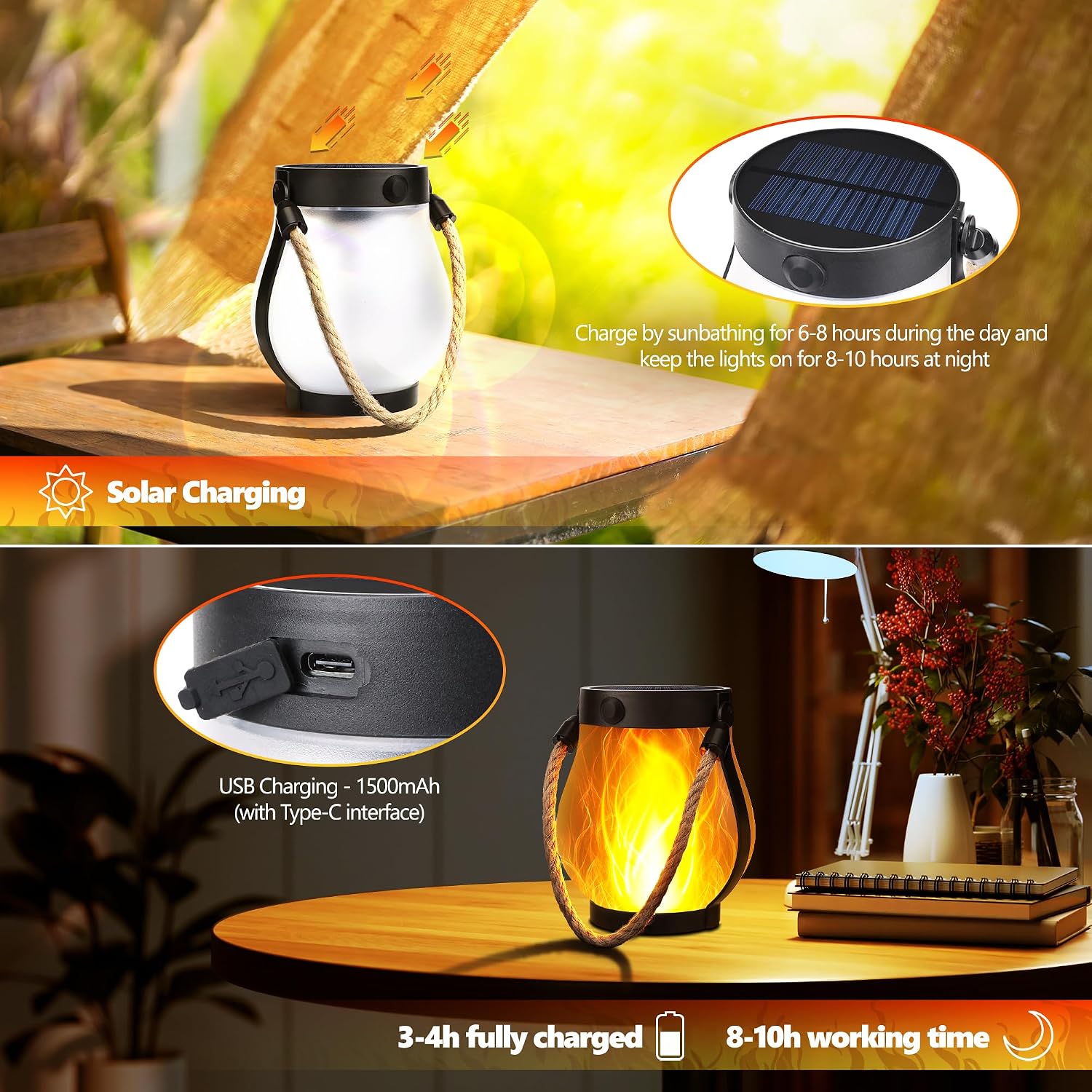 iBaycon 2 Pack Gen2 Solar Lantern Lights USB Ultra-Real Flame, Warm White | Solar Garden Lights with Solar & USB-C Dual