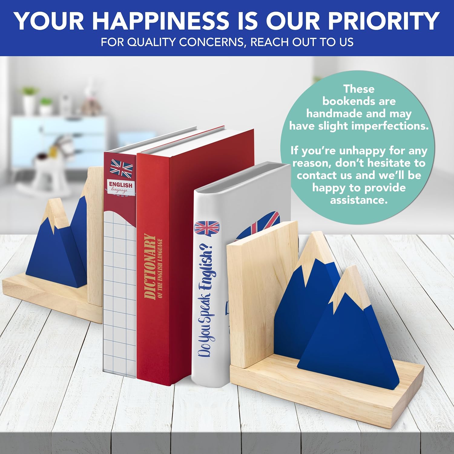 Non-Skid Wooden Bookends for Kids / Blue
