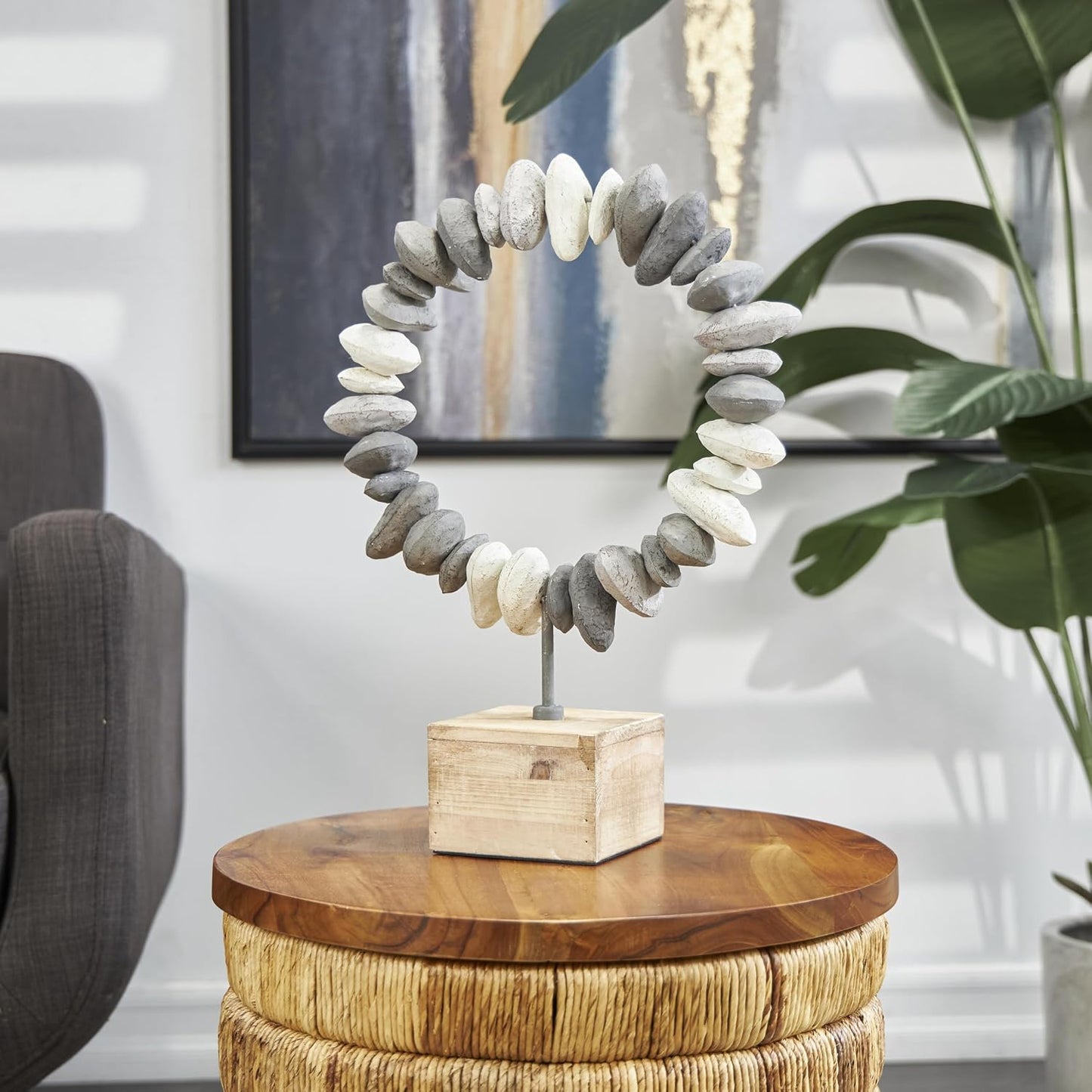 Metal Abstract Decorative Sculpture Circular Stone Home Decor Statue / 11 x 4 x 14 / Gray