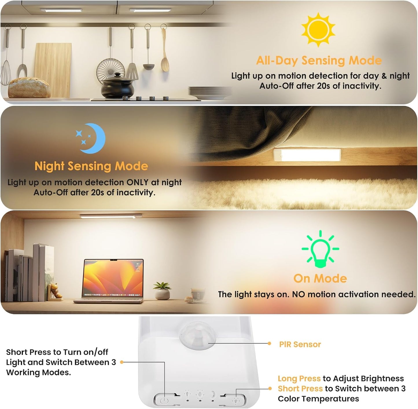 5-Pack Motion Sensor Under Cabinet Light, 3CCT, 7.9 inch | 3 Color Temperature, Dimmable, Rechargeable, Magnetic Closet