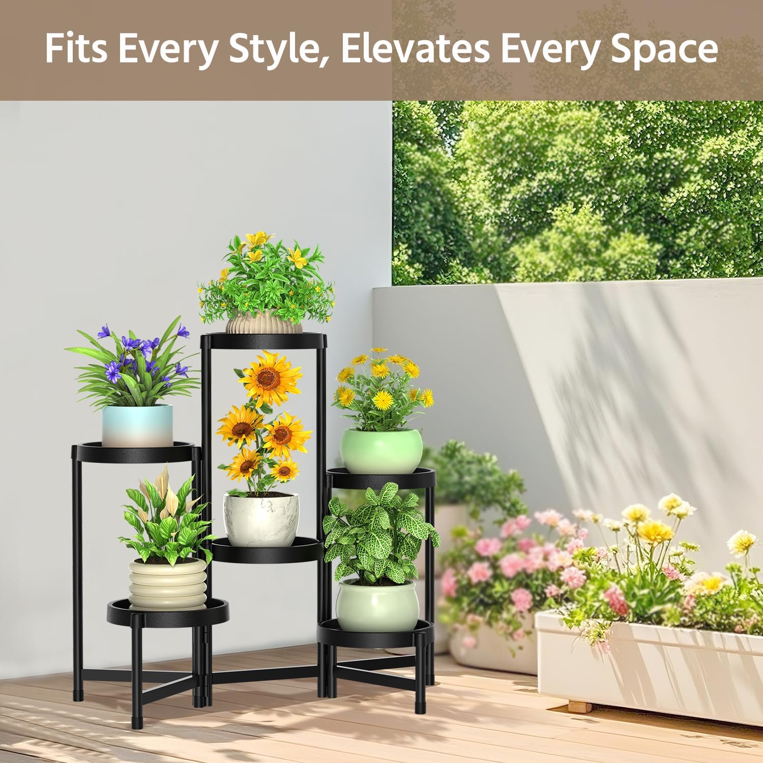LASZOLA Plant Stand Indoor Outdoor Tall with Plastic Tray, 6 Tiers Black | Corner Folding Flower Display Rack, Modern