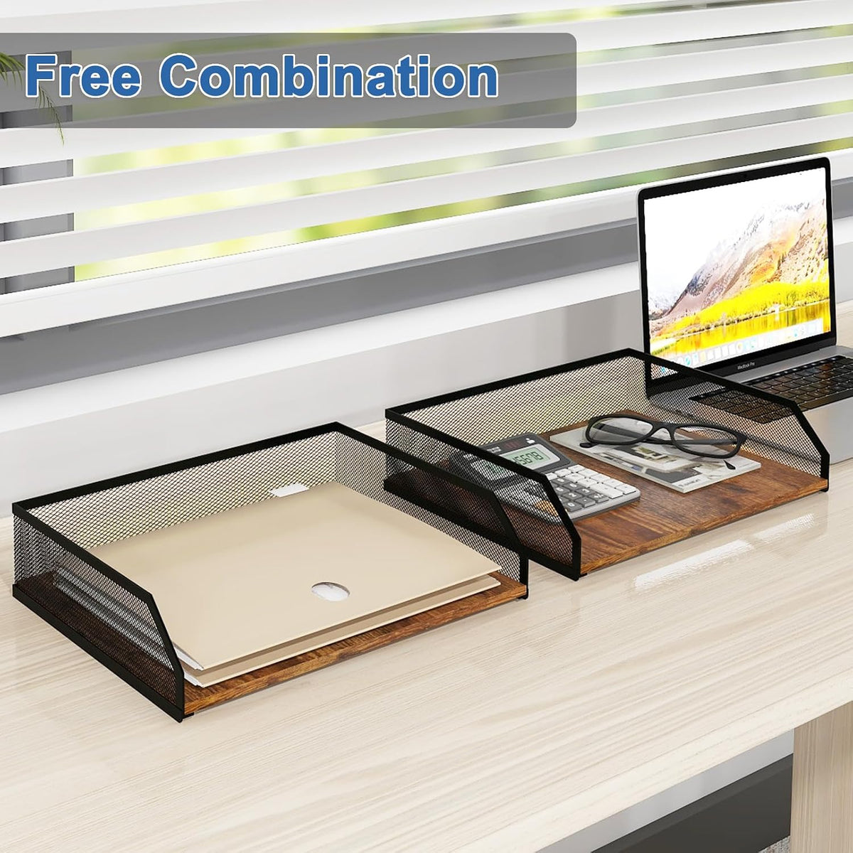 Natwind 2-Tier Stackable Metal Mesh Paper Tray Organizer,Retro | Wooden Desk Organizer, Letter Tray For Desktop,File