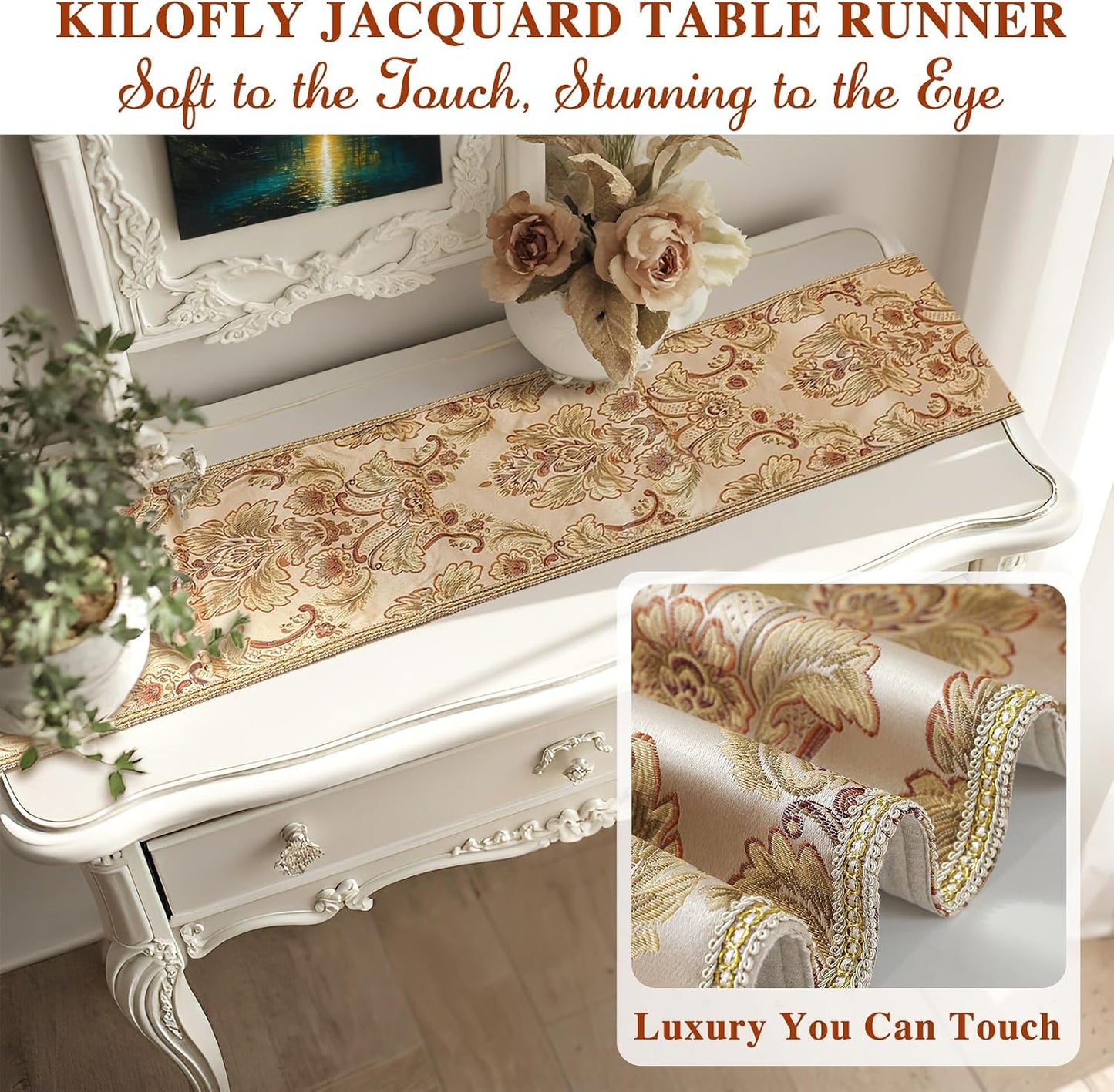 kilofly Elegant Floral Brocade Jacquard Table Runner Tassels (60 x 12 inches)