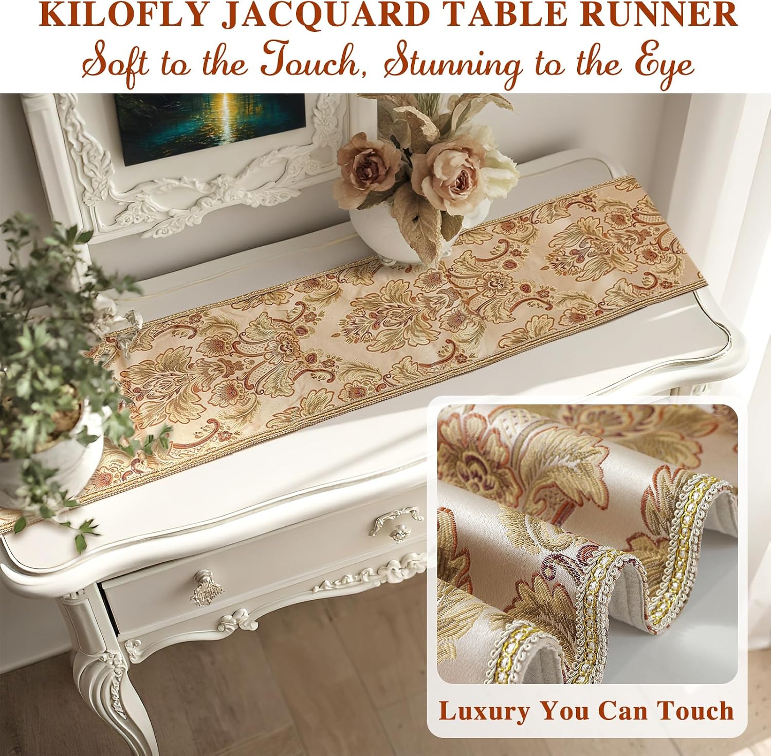 kilofly Elegant Floral Brocade Jacquard Table Runner Tassels (60 x 12 inches)