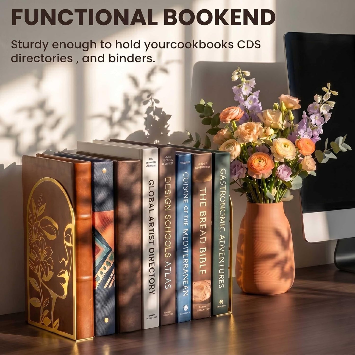 Metal Line Art Woman Lily Flower Bookends for Heavy Books / Gold