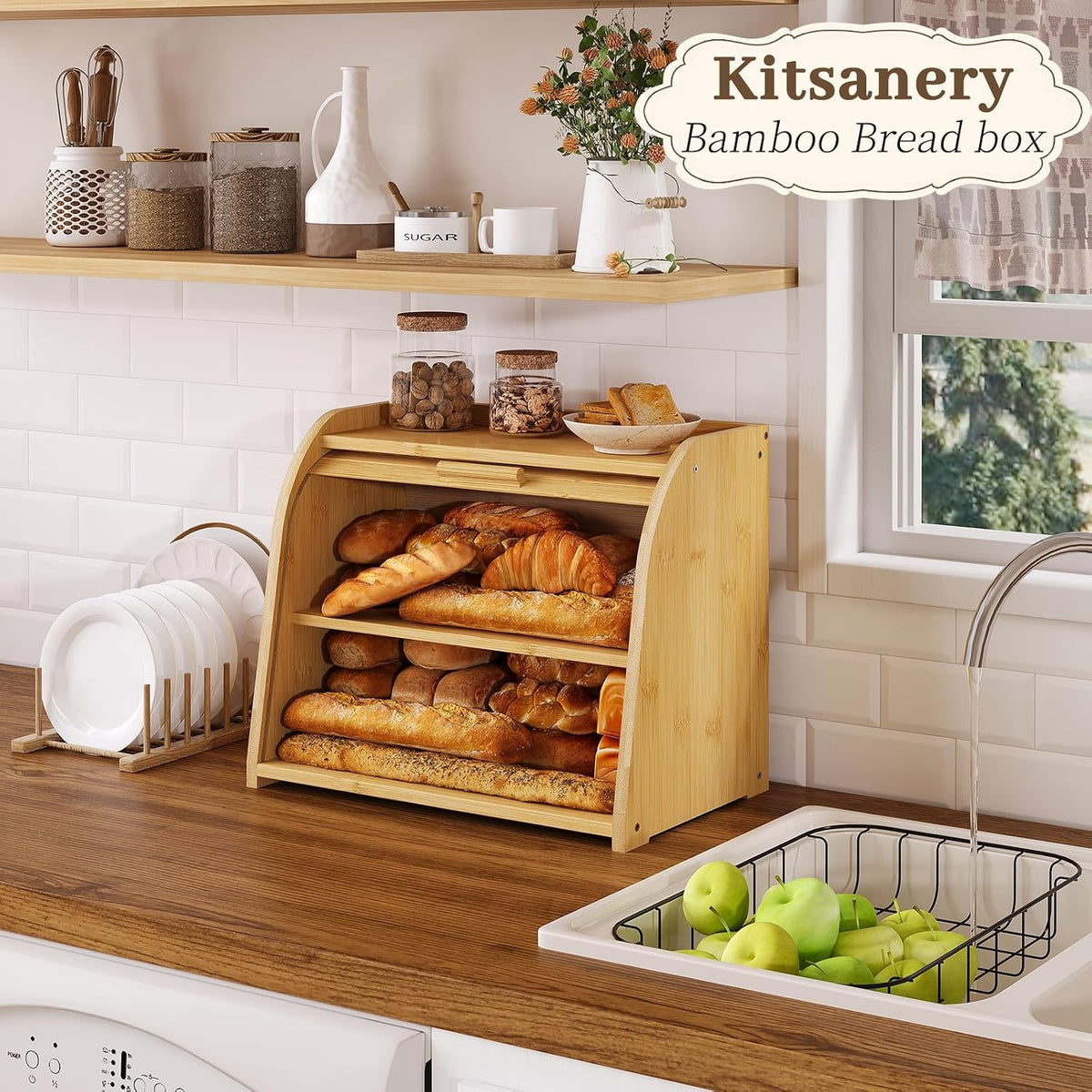 Kitsanery Bread Box for Kitchen Countertop, Bamboo Bread Storage, Double-Layer Roll-Top Bread Container, Farmhouse