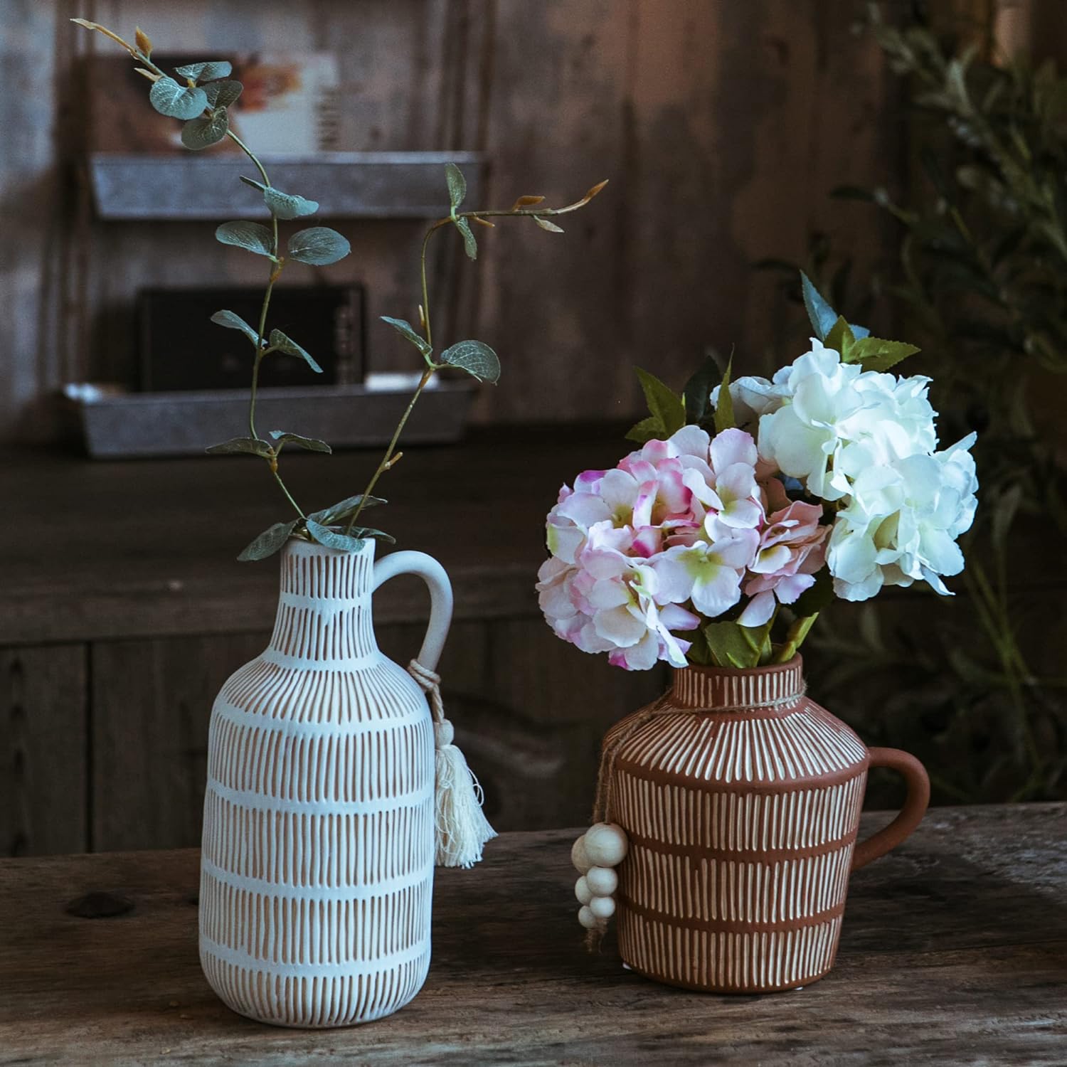 Rustic Farmhouse Vase / Yellow - Wooden Beads
