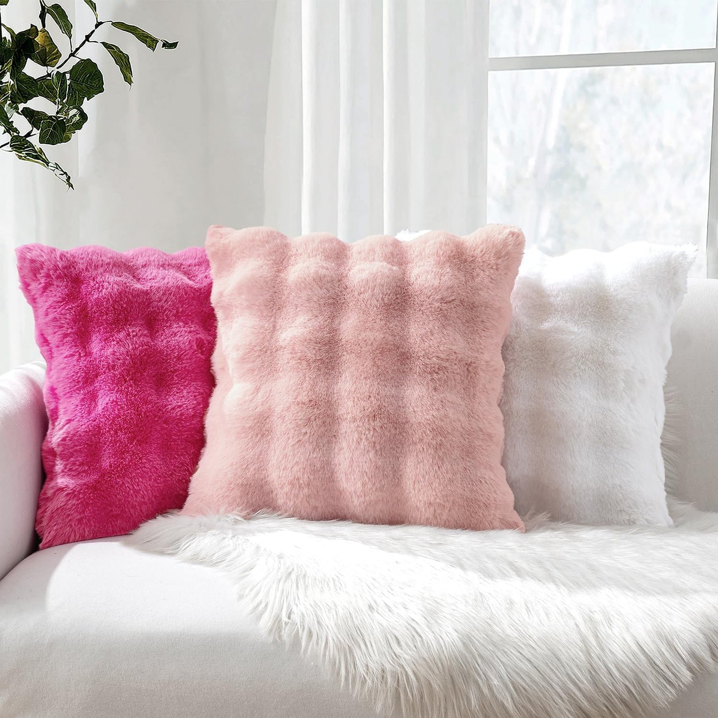 Faux Fur Pillow Covers Thick Soft Plush Throw Pillows Spring / 18 x 18 / Light Pink / Set of 2