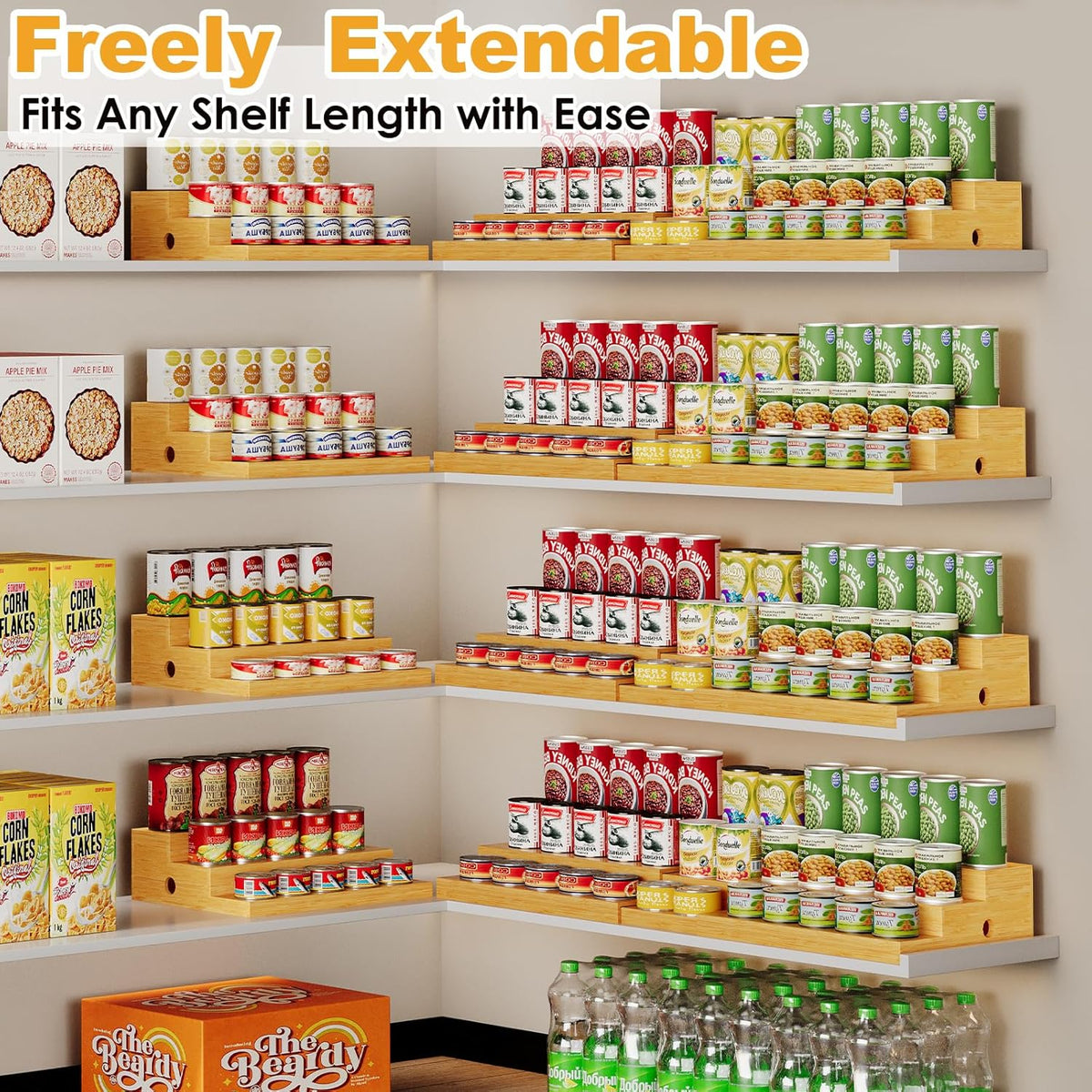 3-Tier Extra-Long Expandable Bamboo Can Rack for Pantry, Holds 45 Cans | Adjustable Pantry Can Organizer, Large