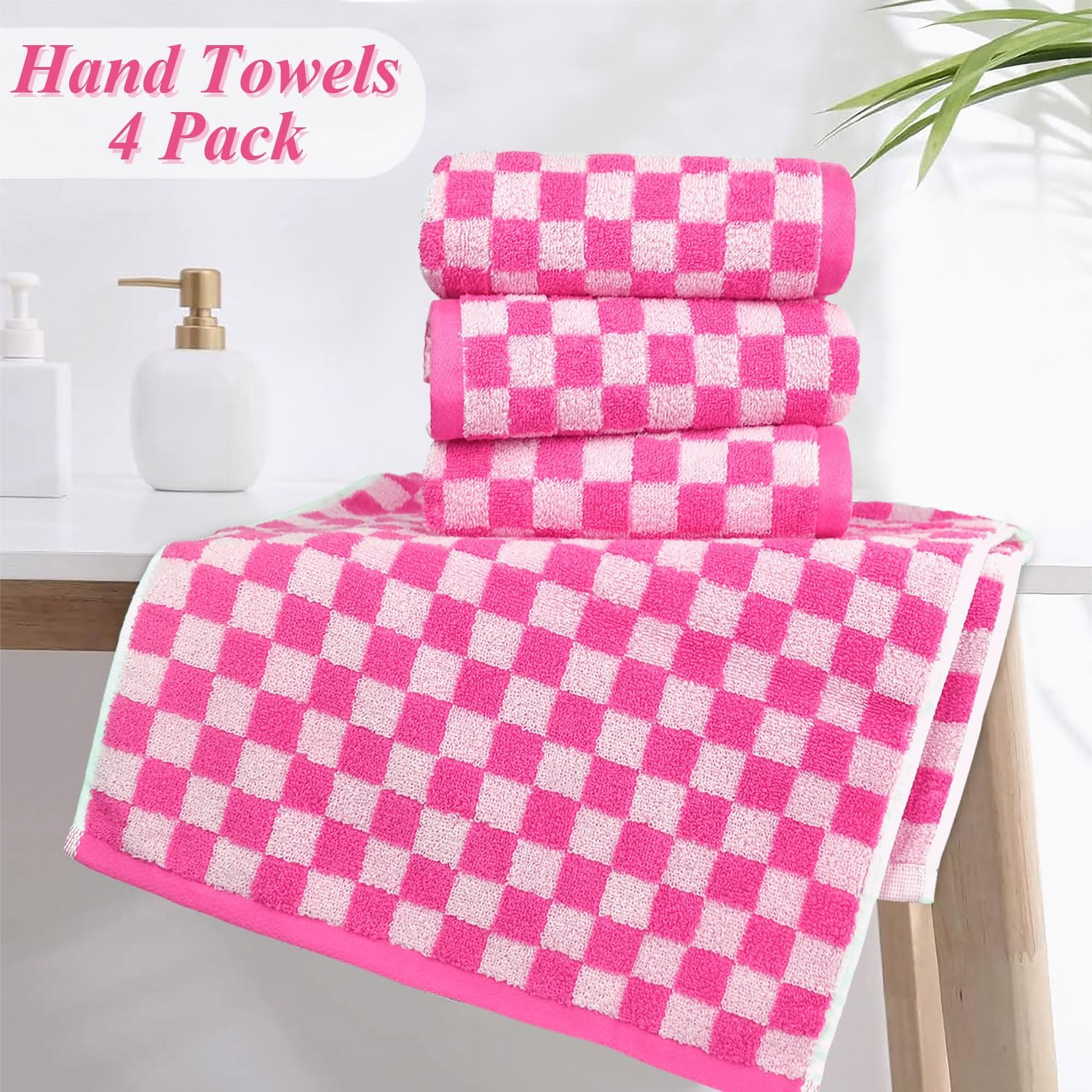 Jacquotha Pink Hand Towels 4 Pack, Cotton Decorative Bathroom Hand Towel | Checkered Kitchen Decor, 13" x 29"