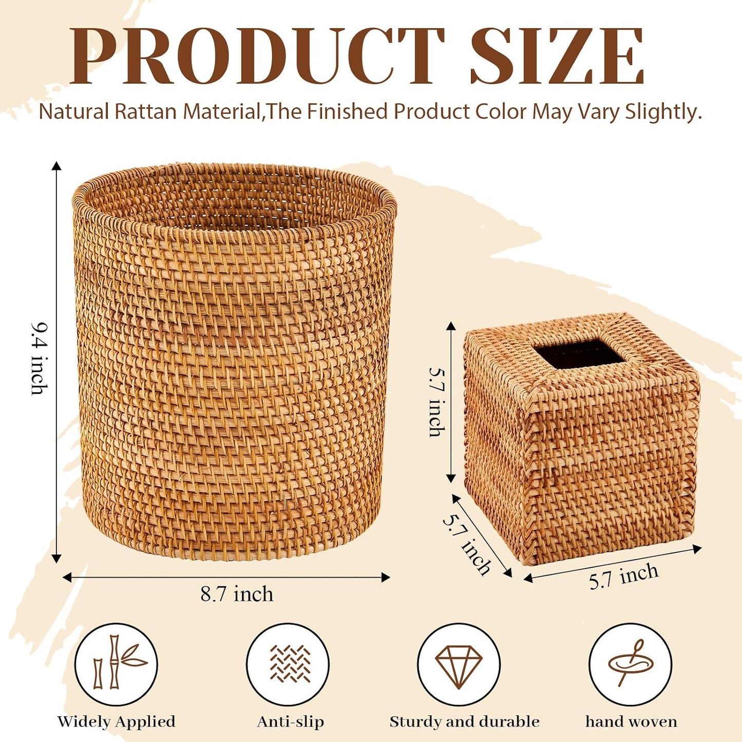 Rattan Hand Woven Basket Set Wicker Bathroom / Log Color / Set of 2